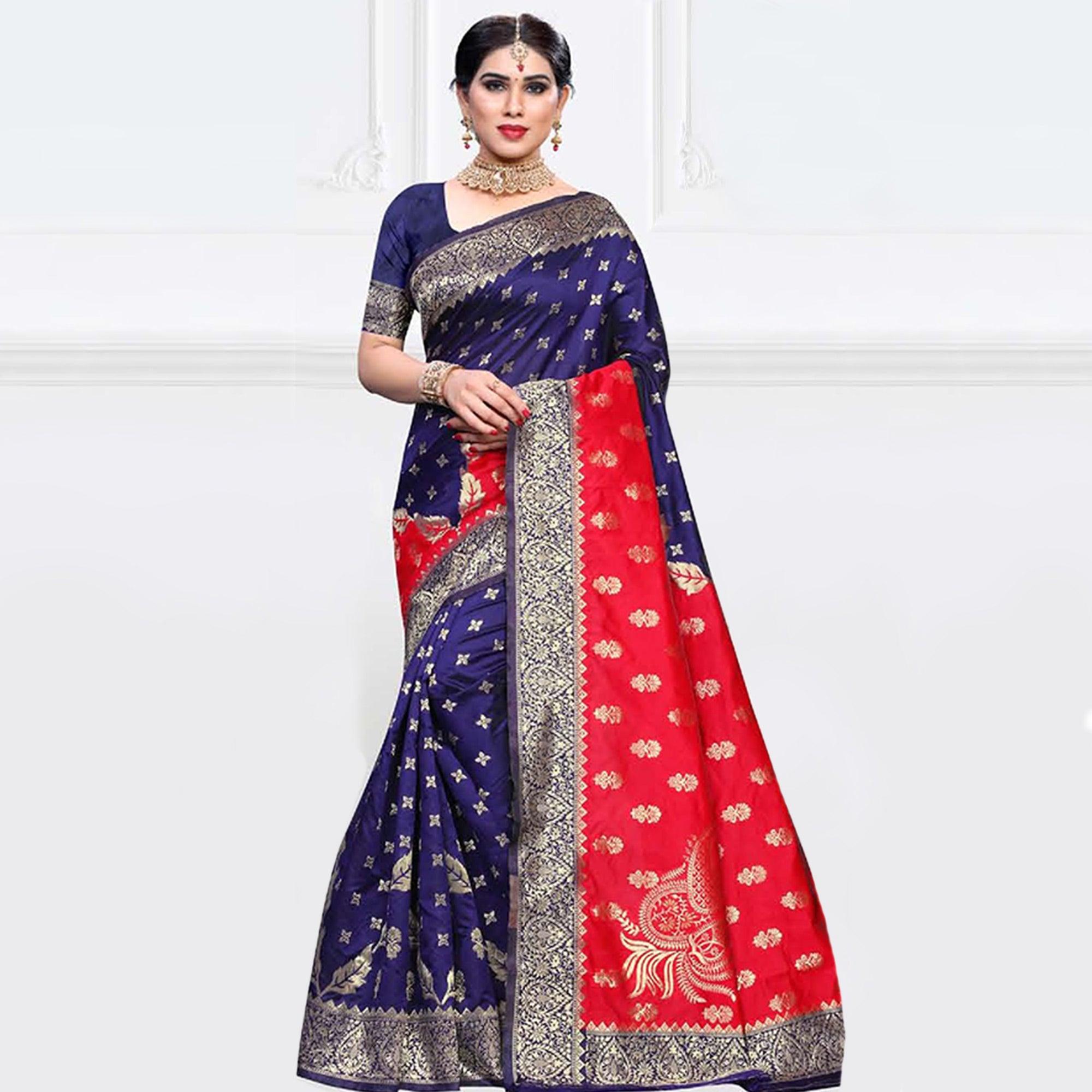 Energetic Navy Blue - Red Colored Festive Wear Woven Art Silk Saree - Peachmode