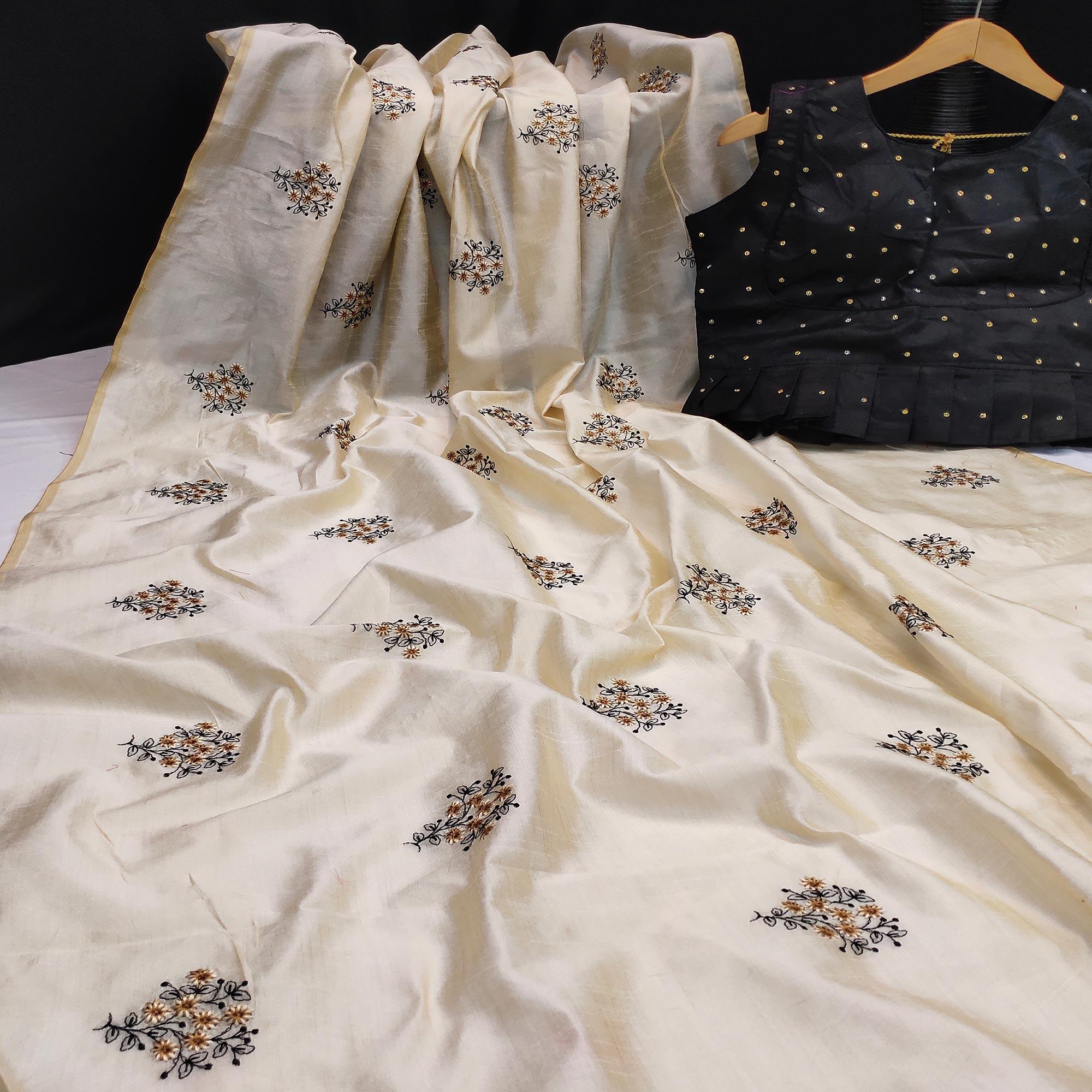 Energetic Offwhite Colored Partywear Floral Embroidered Silk Saree - Peachmode