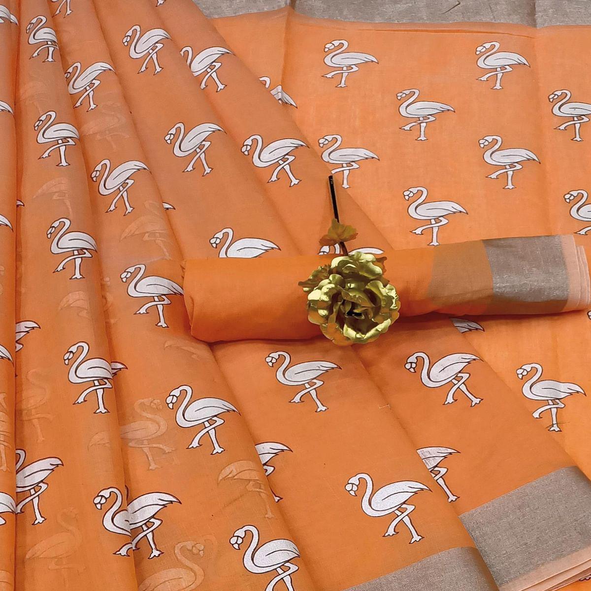 Energetic Orange Colored Casual Wear Printed Cotton Linen Saree - Peachmode