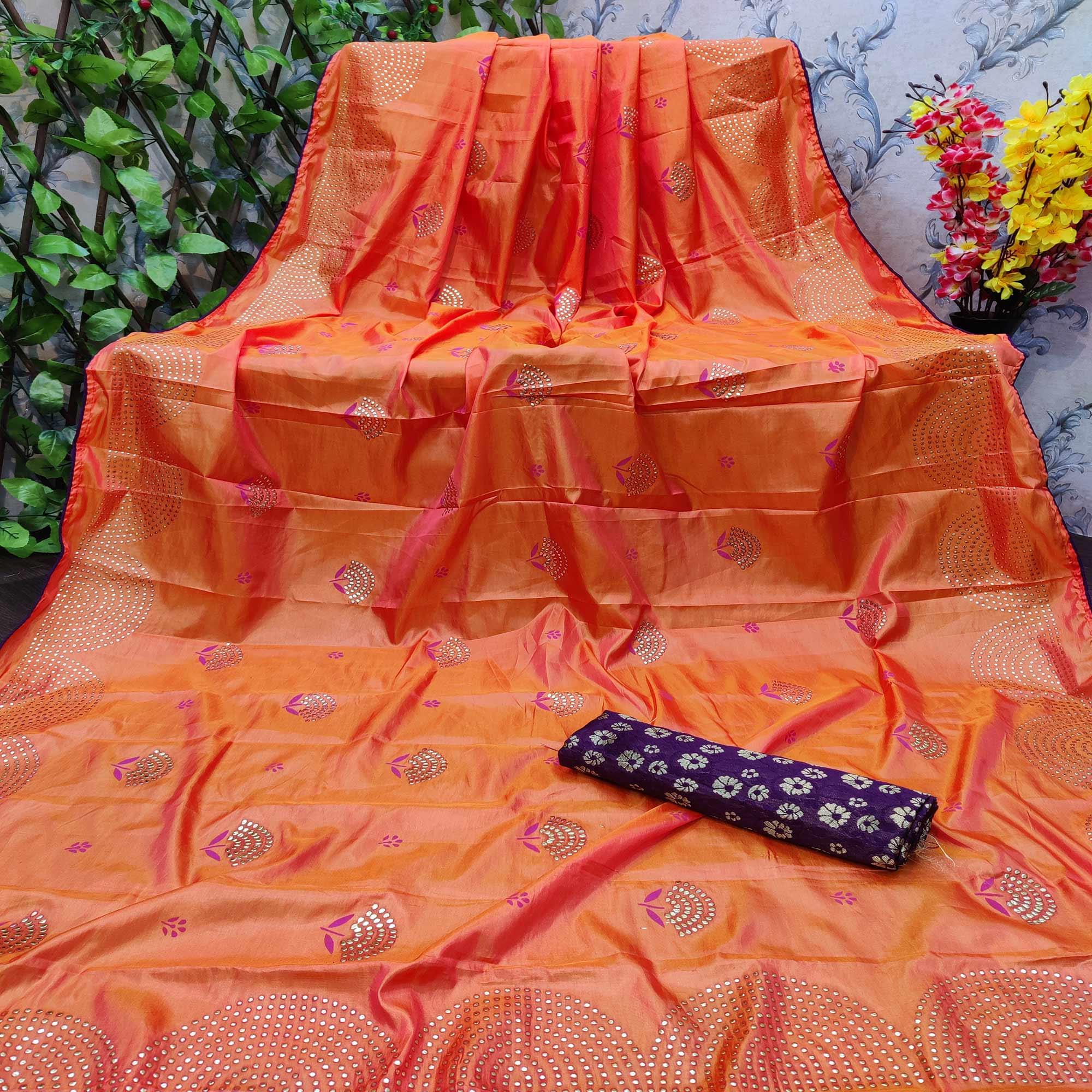 Energetic Orange Colored Festive Wear Embellished Art Silk Saree - Peachmode