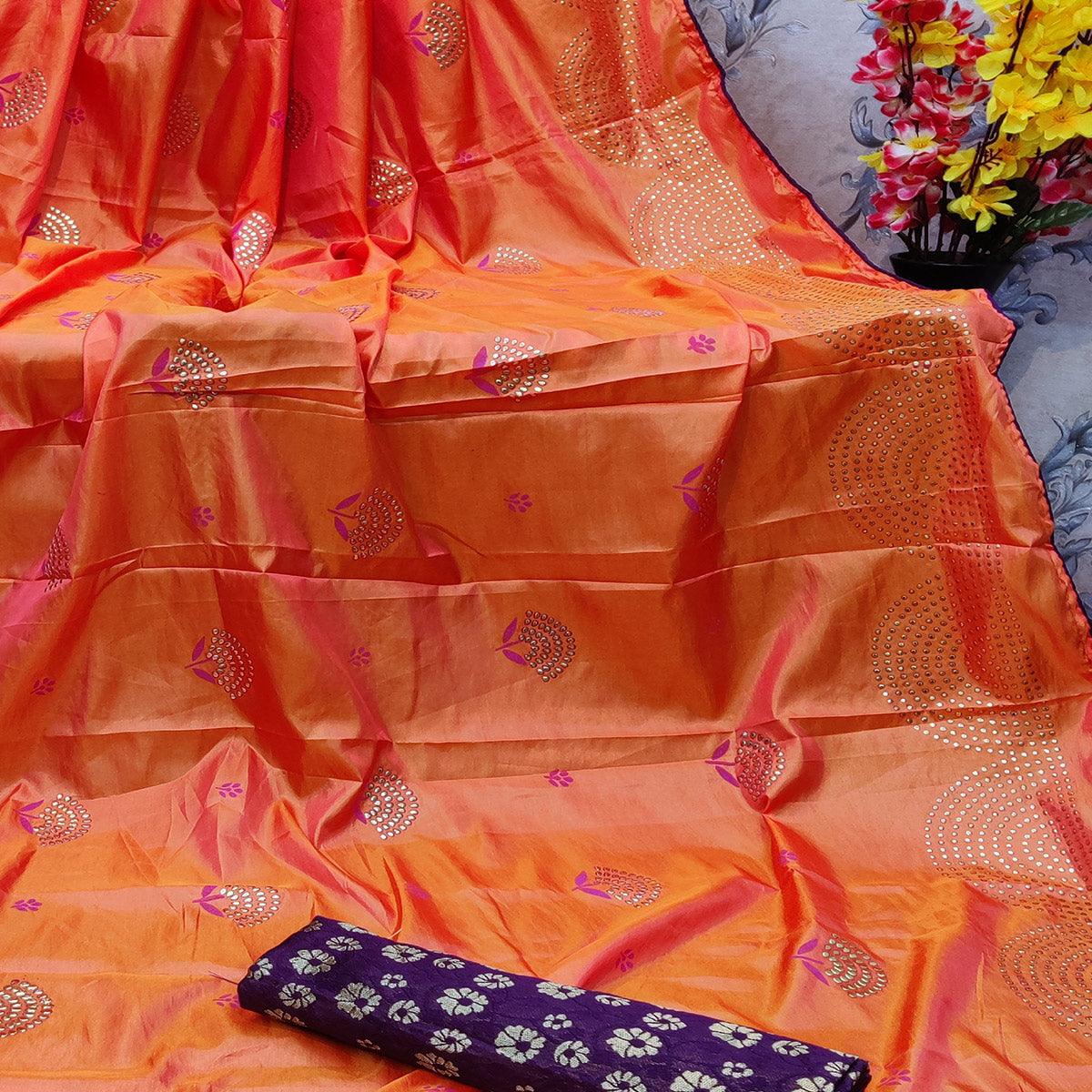 Energetic Orange Colored Festive Wear Embellished Art Silk Saree - Peachmode