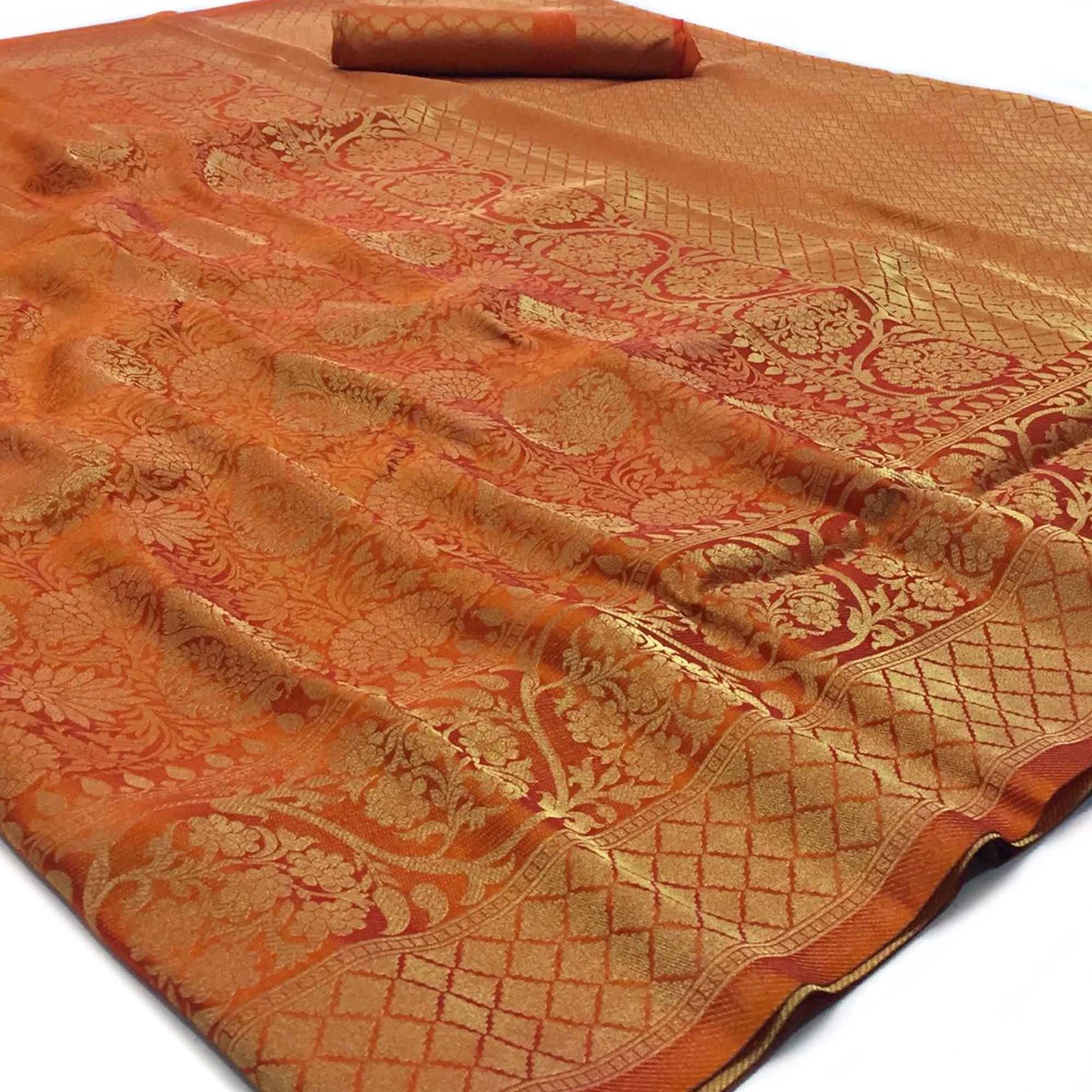 Energetic Orange Colored Festive Wear Woven Art Silk Saree - Peachmode