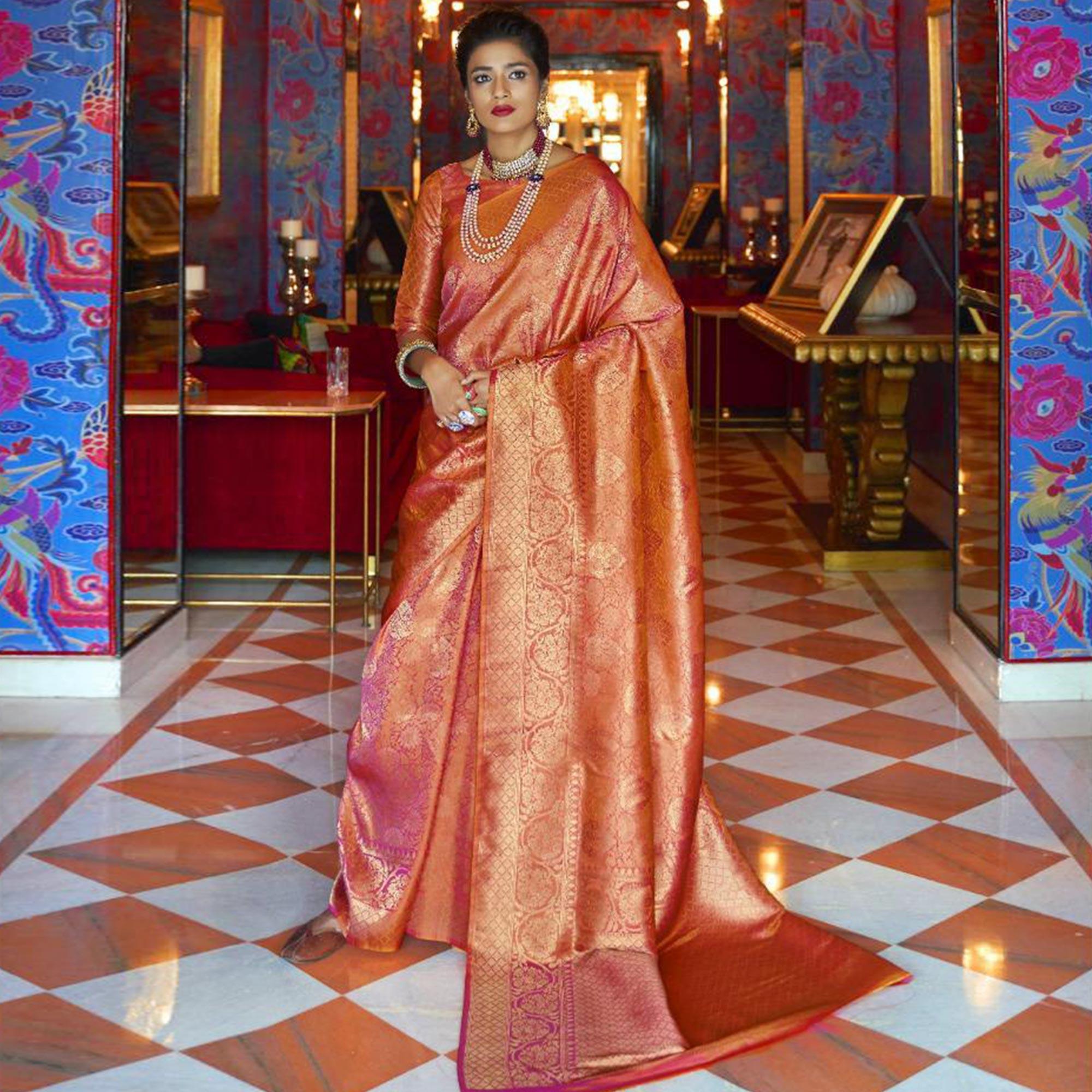 Energetic Orange Colored Festive Wear Woven Art Silk Saree - Peachmode