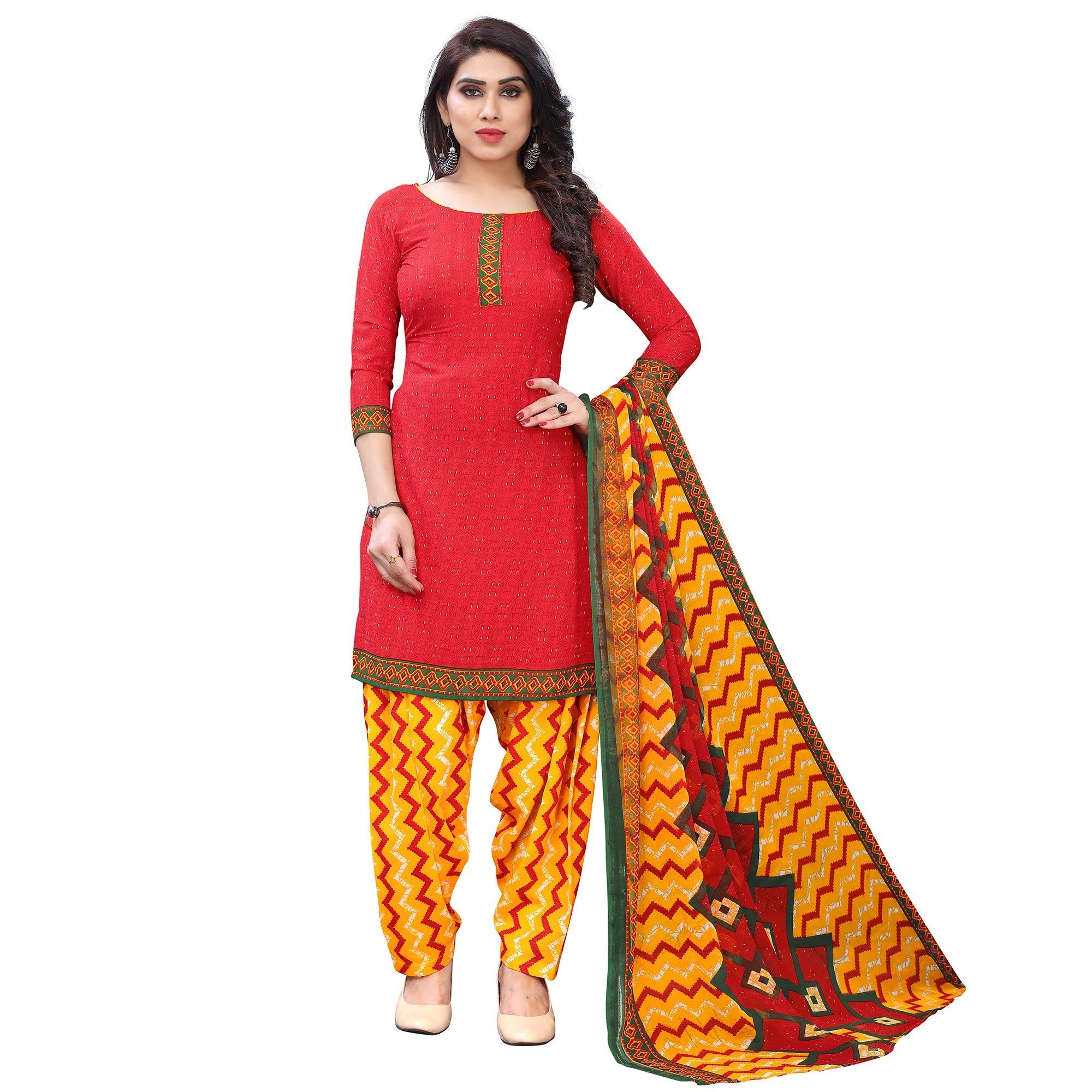 Energetic Peach Colored Casual Wear Printed French Crepe Patiala Dress Material - Peachmode