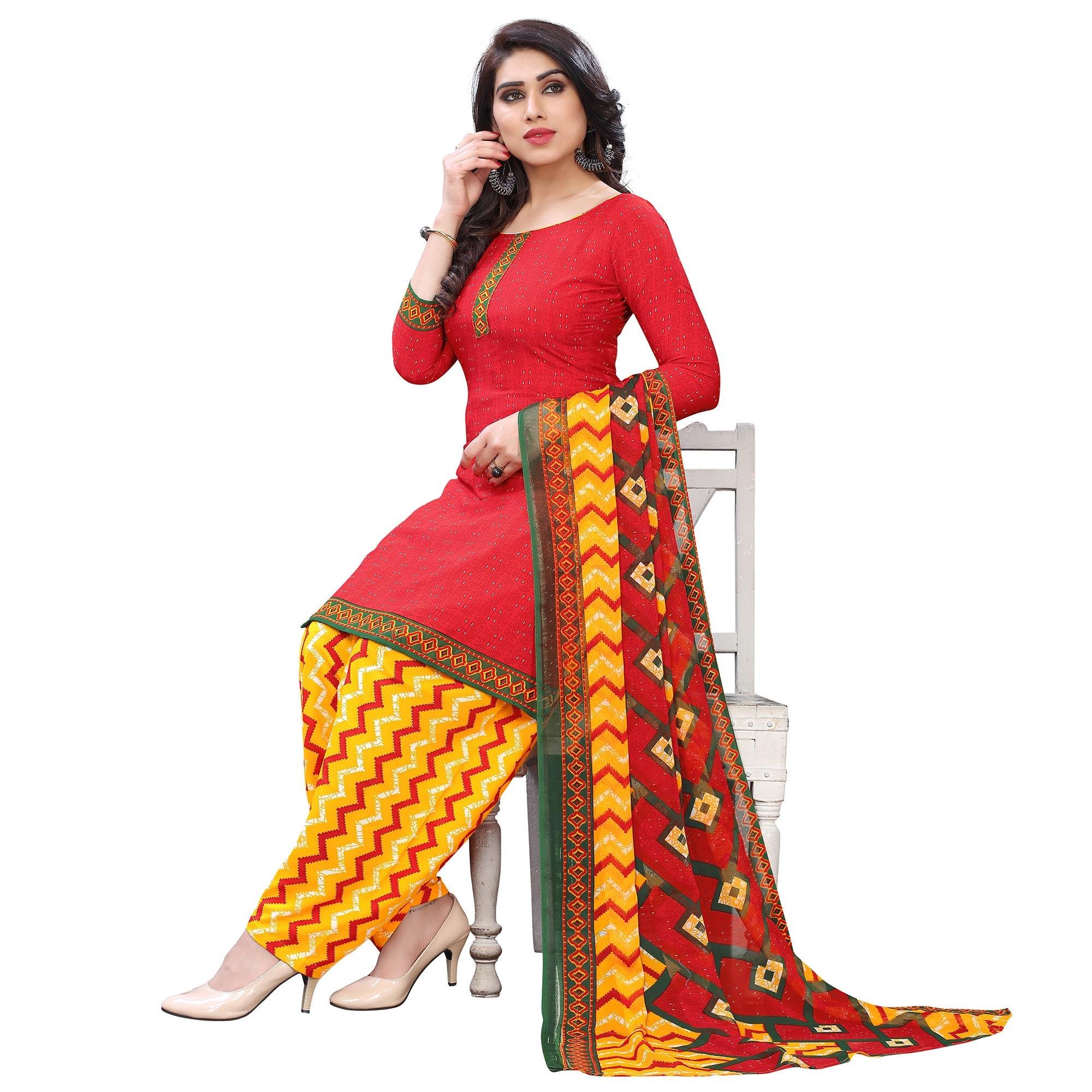 Energetic Peach Colored Casual Wear Printed French Crepe Patiala Dress Material - Peachmode