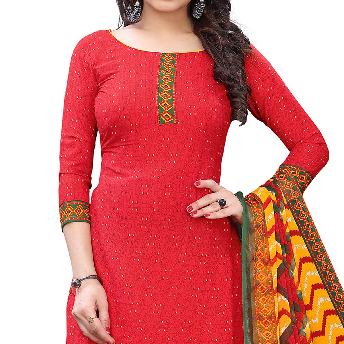 Energetic Peach Colored Casual Wear Printed French Crepe Patiala Dress Material - Peachmode