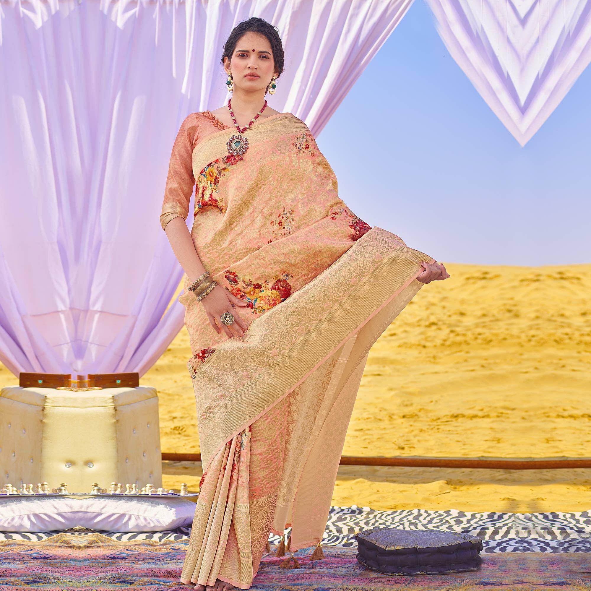 Energetic Peach Colored Festive Wear Woven Silk Saree - Peachmode