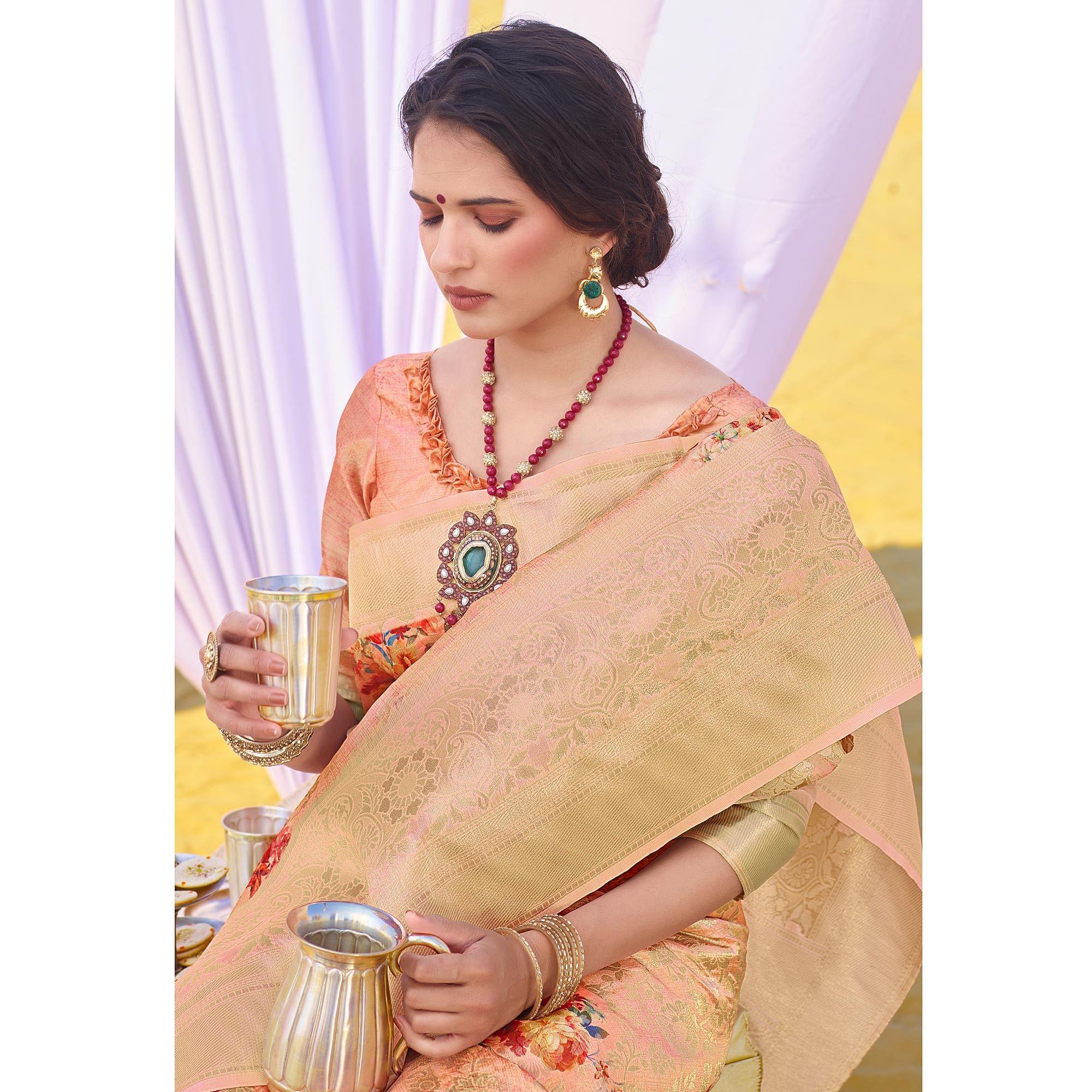 Energetic Peach Colored Festive Wear Woven Silk Saree - Peachmode