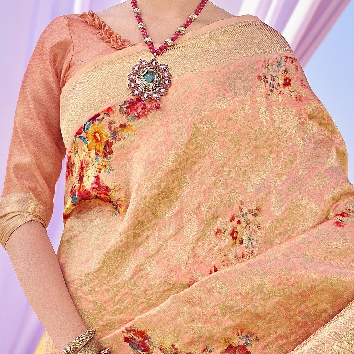Energetic Peach Colored Festive Wear Woven Silk Saree - Peachmode