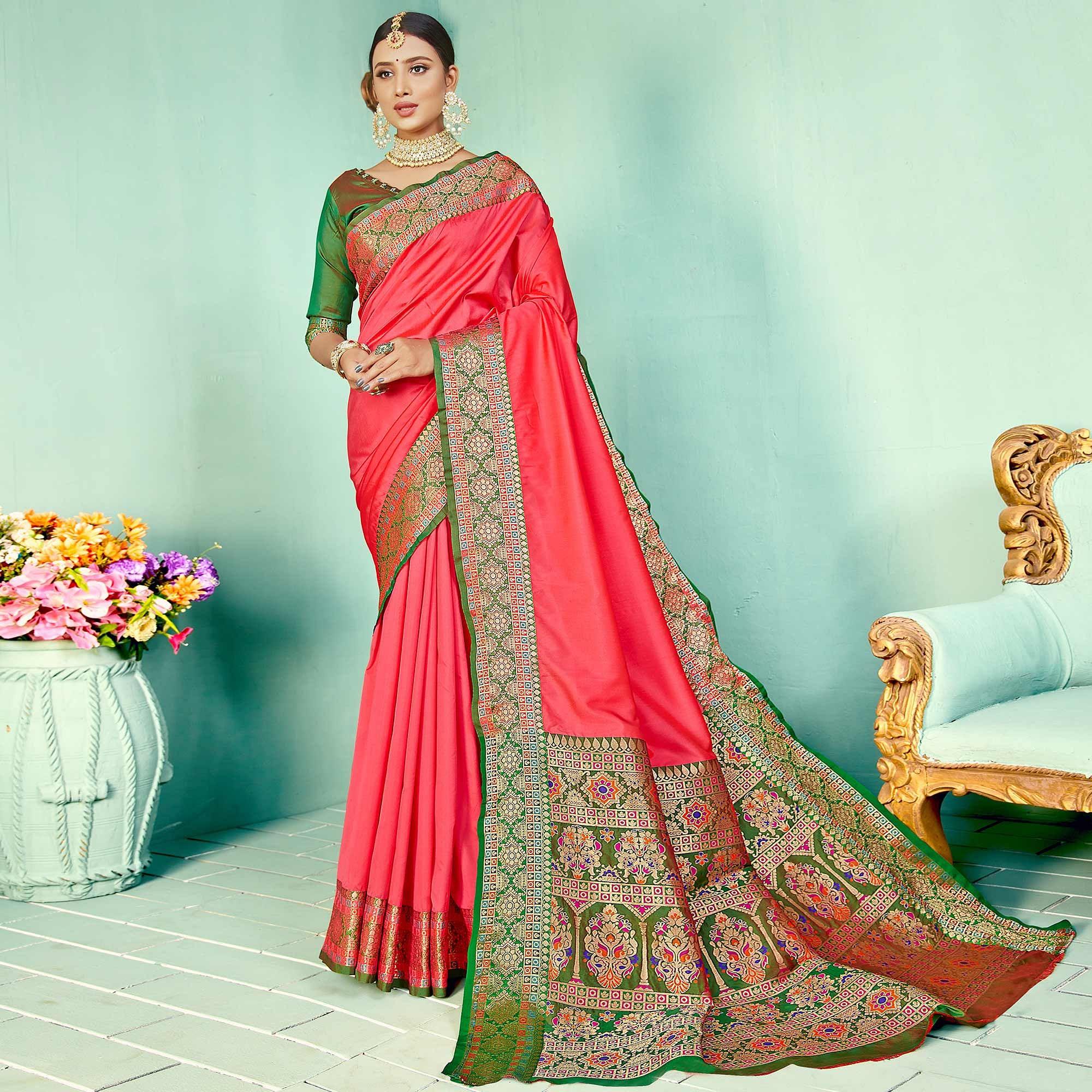 Energetic Peach Coloured Partywear Woven Silk Saree - Peachmode