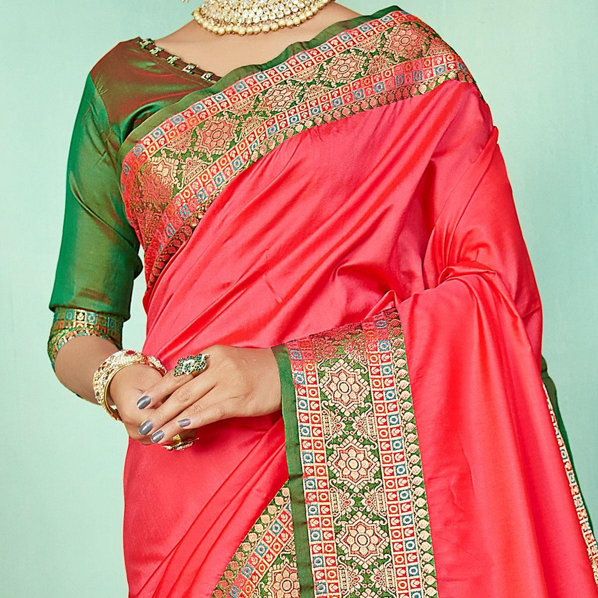 Energetic Peach Coloured Partywear Woven Silk Saree - Peachmode