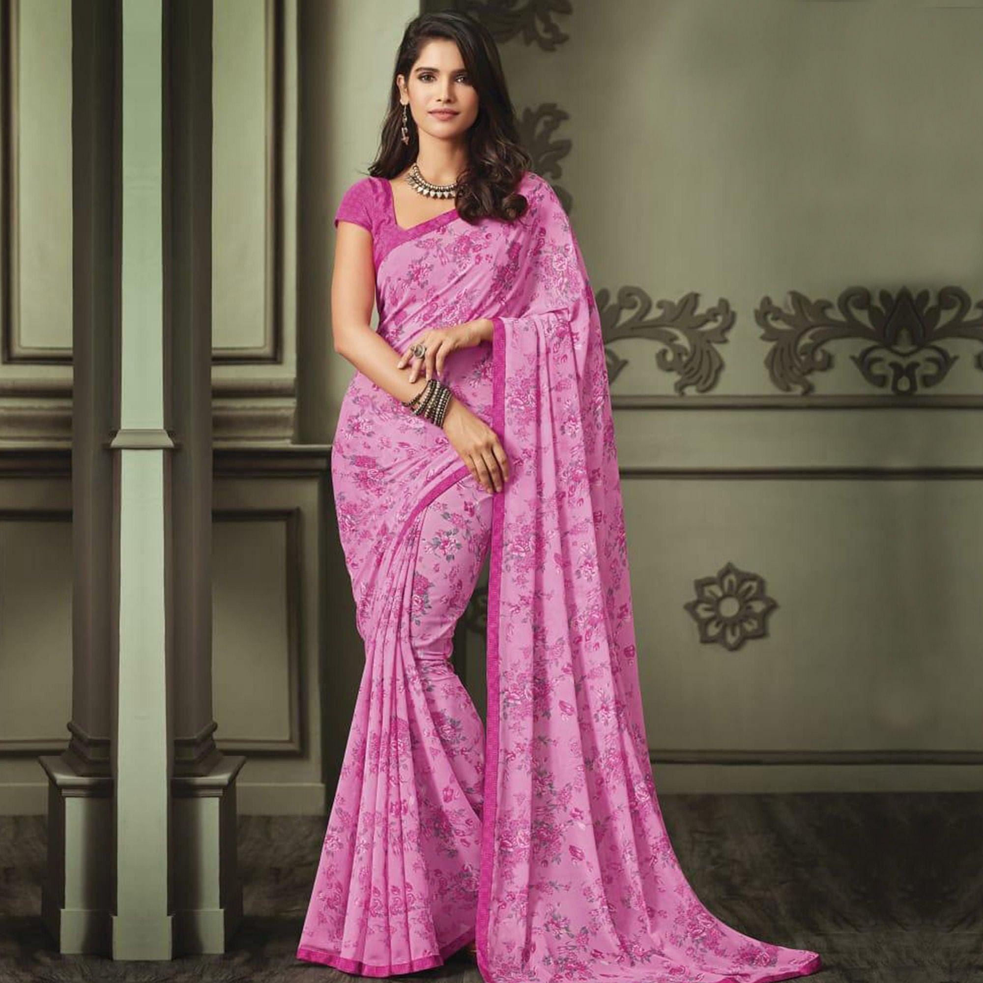 Energetic Pink Colored Casual Wear Printed Georgette Saree - Peachmode