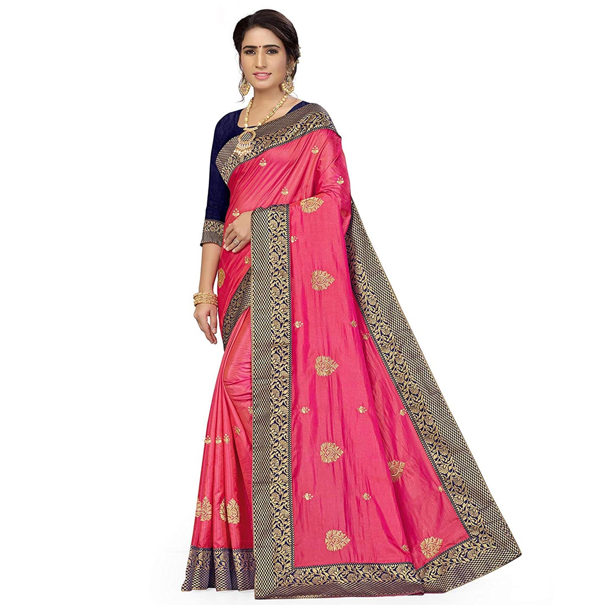 Energetic Pink Colored Festive Wear Embroidered Sana Silk Saree - Peachmode