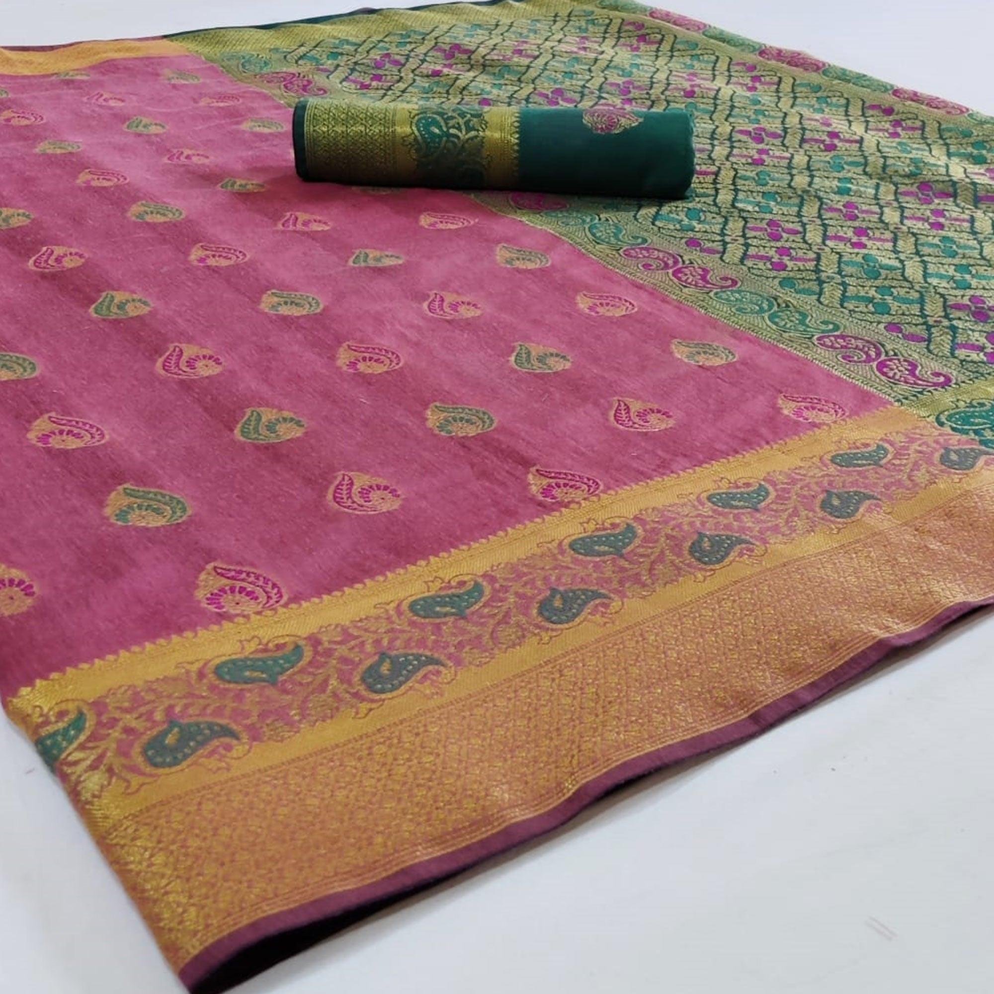 Energetic Pink Colored Festive Wear Woven Cotton Saree - Peachmode