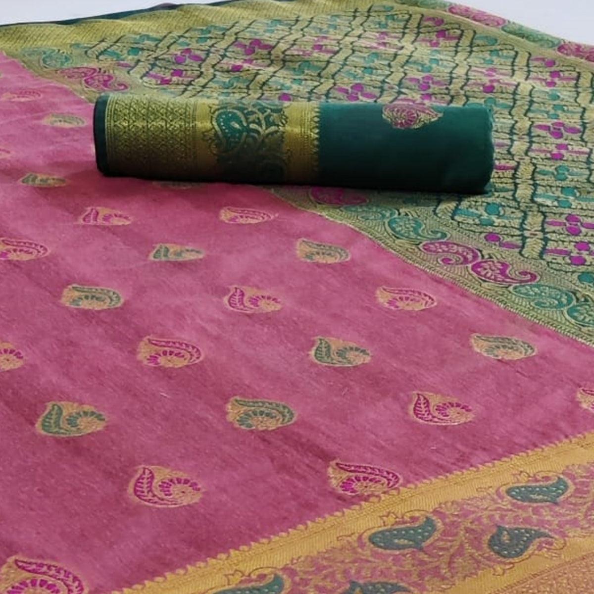 Energetic Pink Colored Festive Wear Woven Cotton Saree - Peachmode