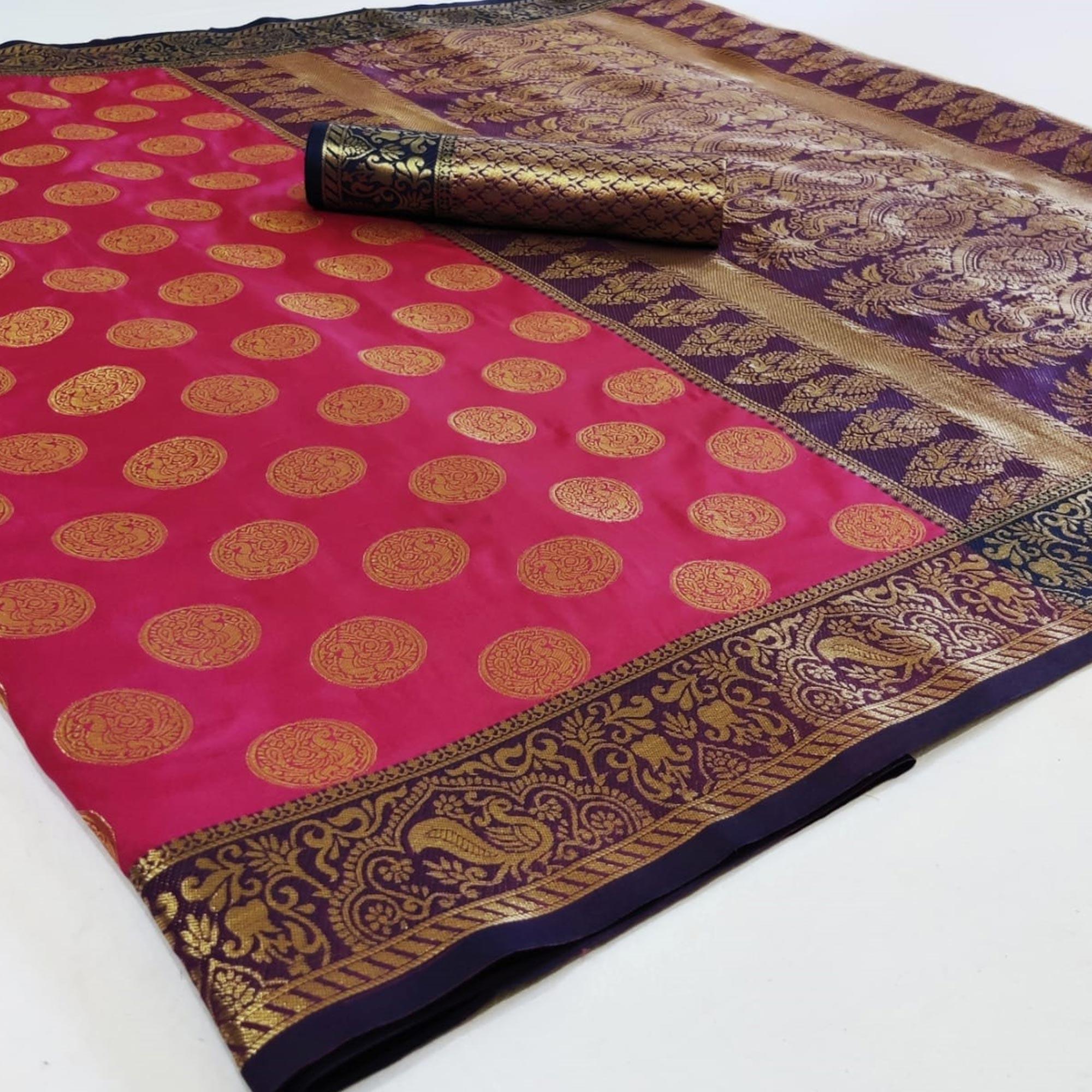 Energetic Pink Colored Festive Wear Woven Heavy Silk Saree - Peachmode