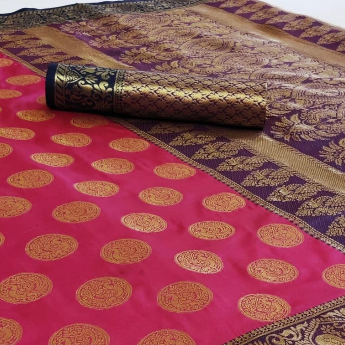 Energetic Pink Colored Festive Wear Woven Heavy Silk Saree - Peachmode