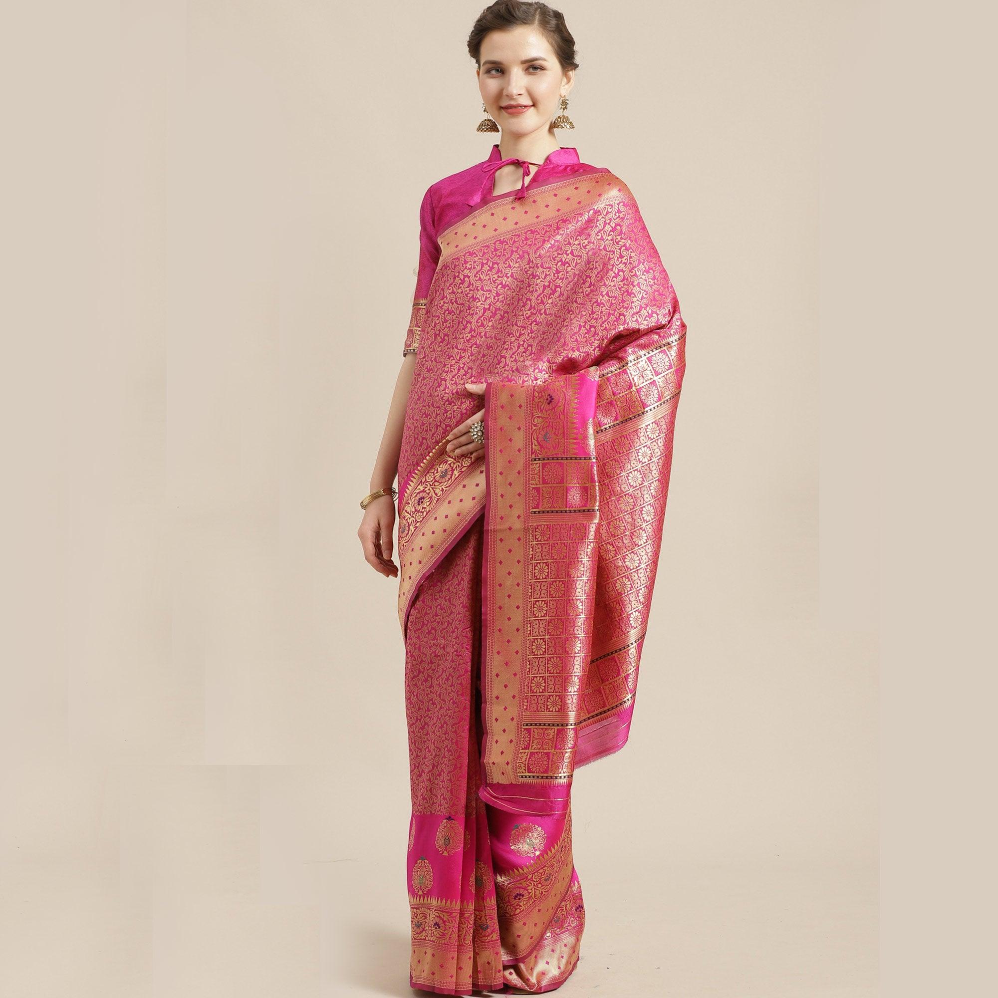 Energetic Pink Colored Festive Wear Woven Silk Blend Saree - Peachmode