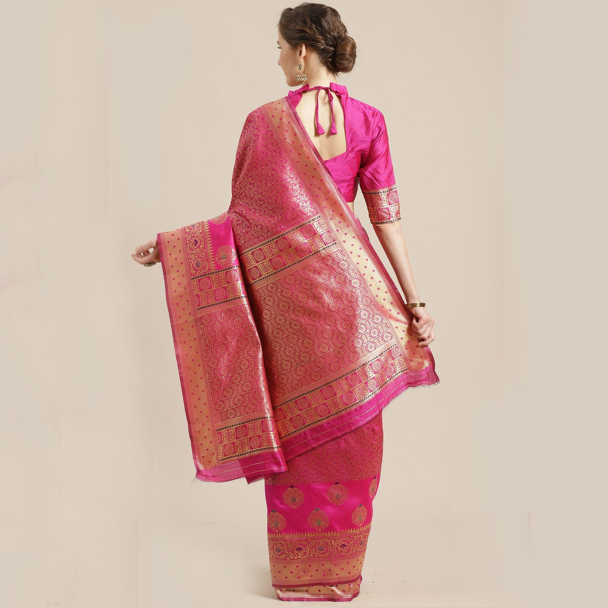 Energetic Pink Colored Festive Wear Woven Silk Blend Saree - Peachmode
