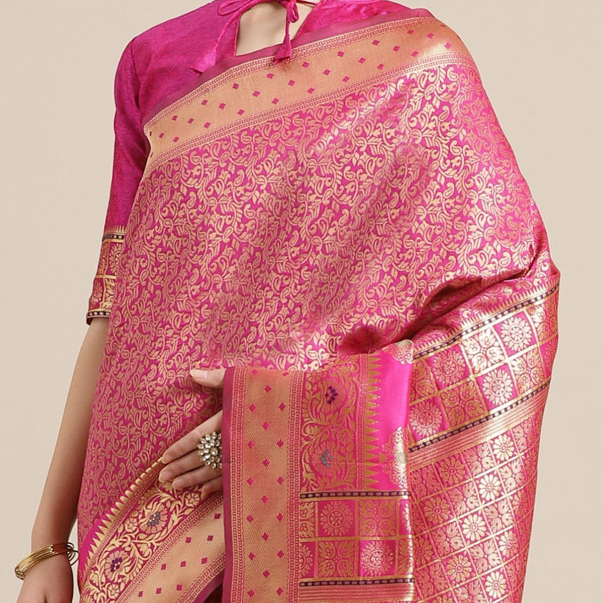 Energetic Pink Colored Festive Wear Woven Silk Blend Saree - Peachmode