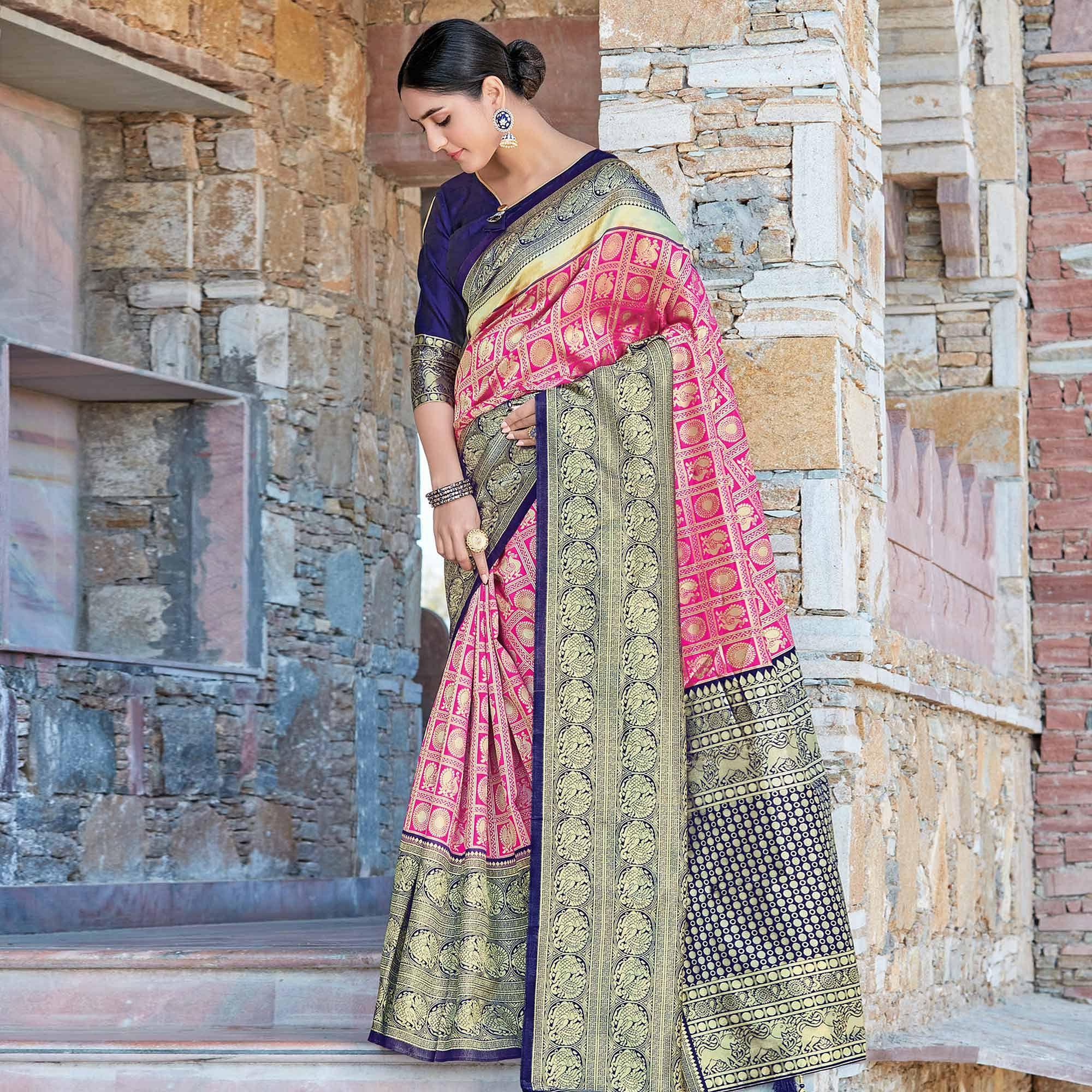 Energetic Pink Colored Festive Wear Woven Silk Sareee - Peachmode