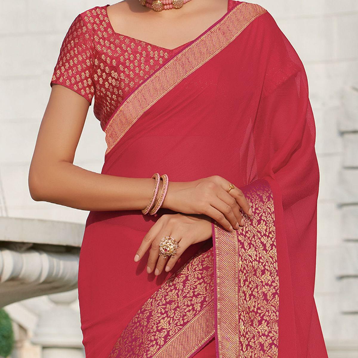 Energetic Pink Colored Party Wear Embroidered Chiffon Saree - Peachmode