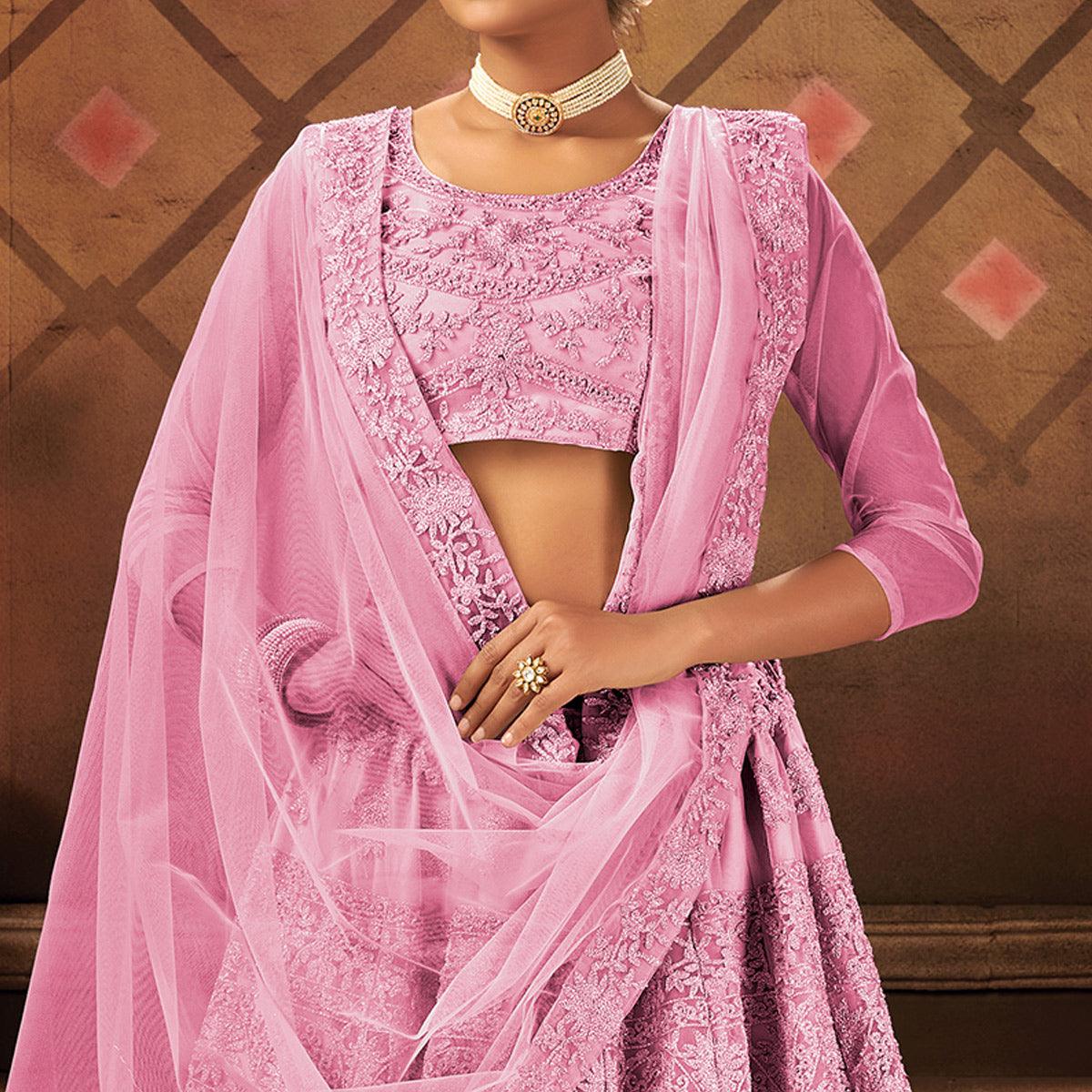 Energetic Pink Colored Partywear Embroidered Net Lehenga Choli - Peachmode