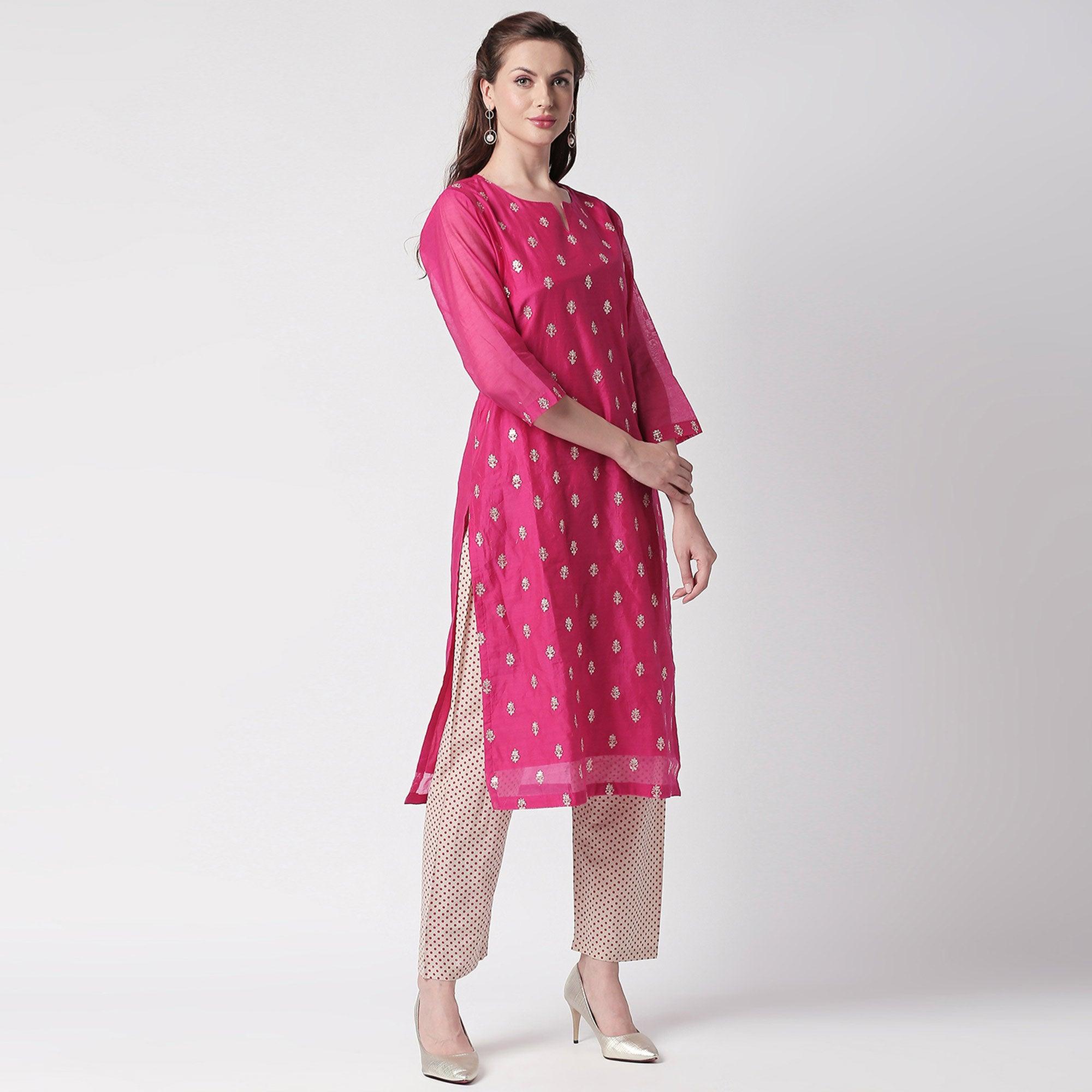 Energetic Pink Colored Partywear Embroidered Silk Kurti - Bottom Set - Peachmode