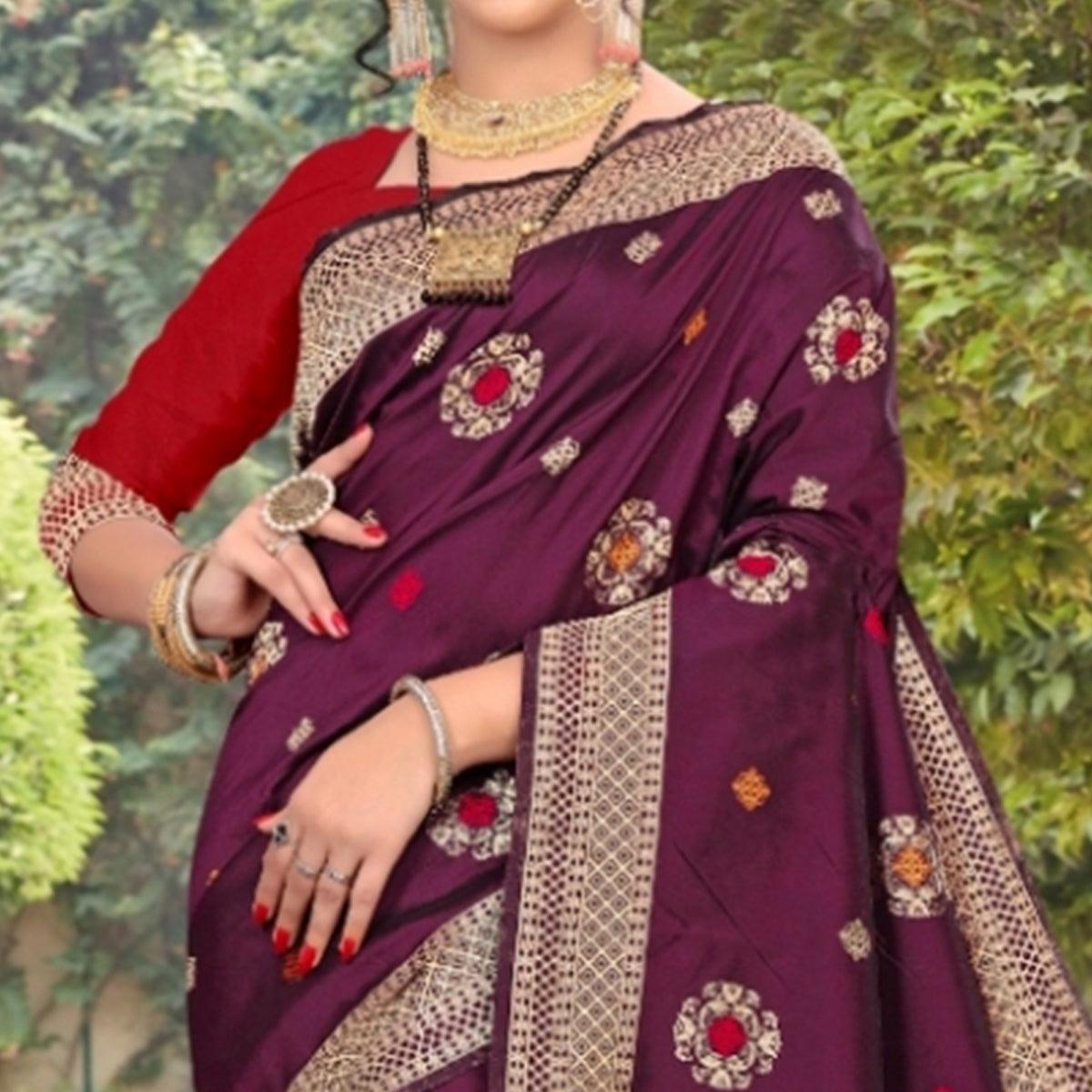 Energetic Purple Colored Festive Wear Woven Lichi Silk Saree - Peachmode