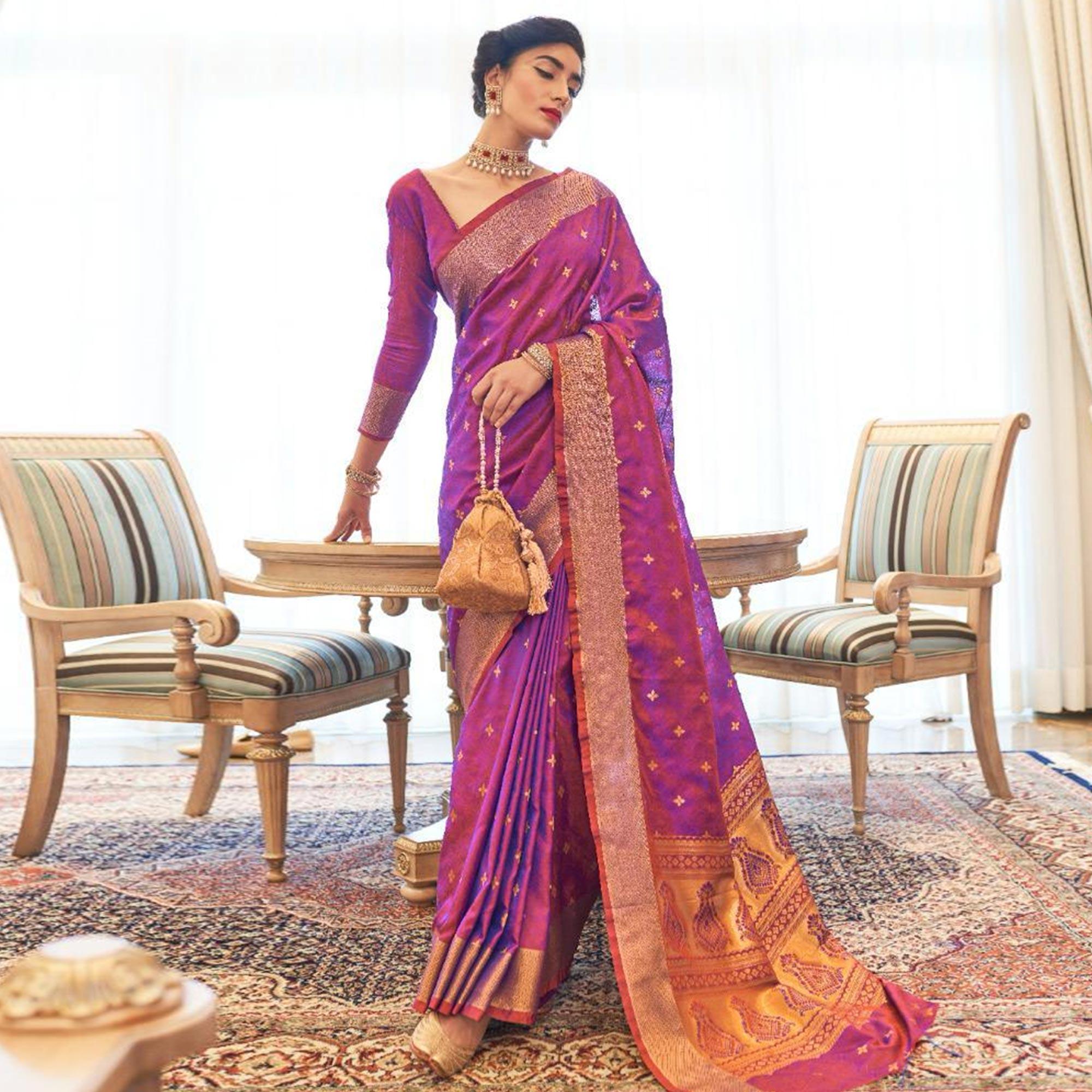 Energetic Purple Colored Festive Wear Woven Pure Kanjivaram Silk Saree - Peachmode
