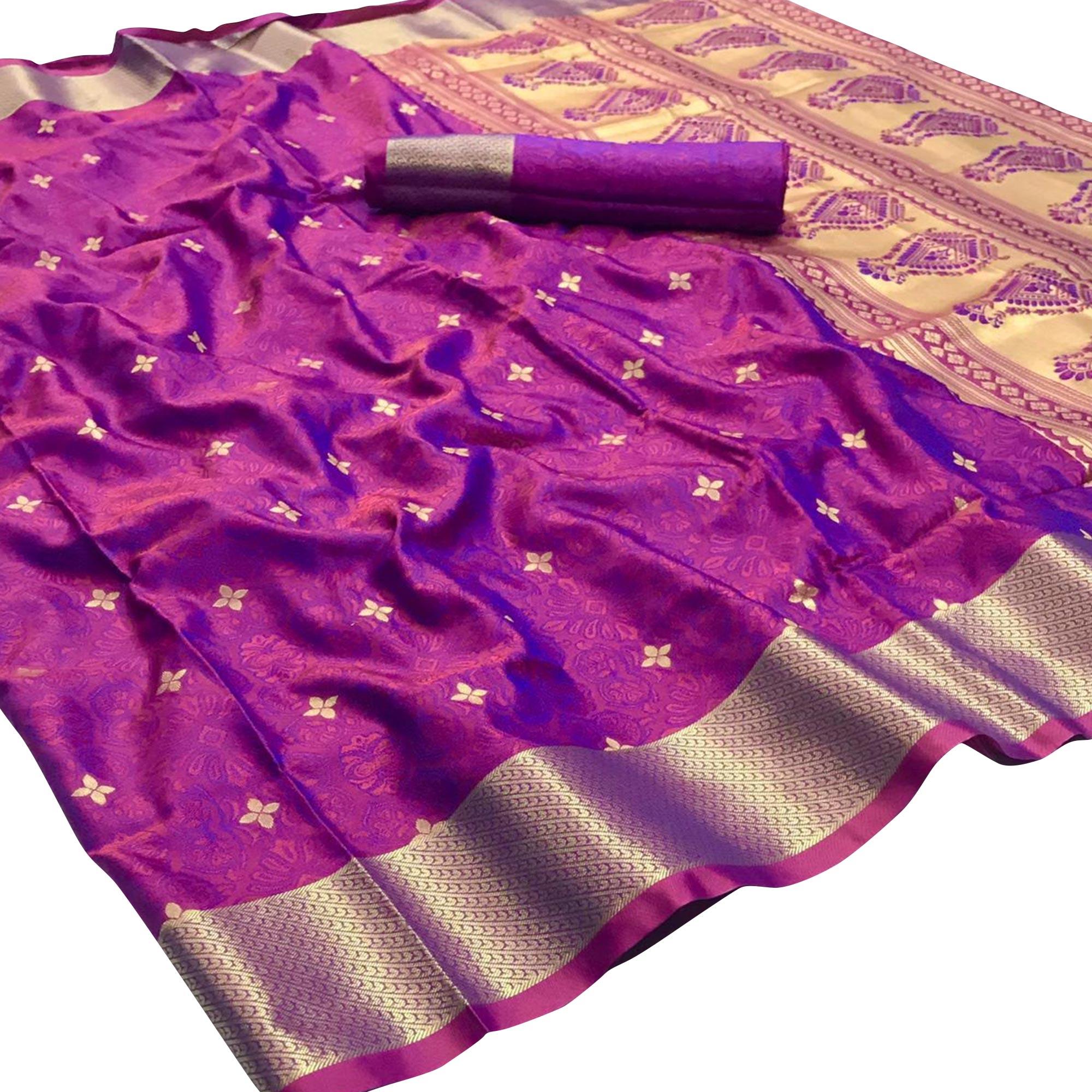Energetic Purple Colored Festive Wear Woven Pure Kanjivaram Silk Saree - Peachmode