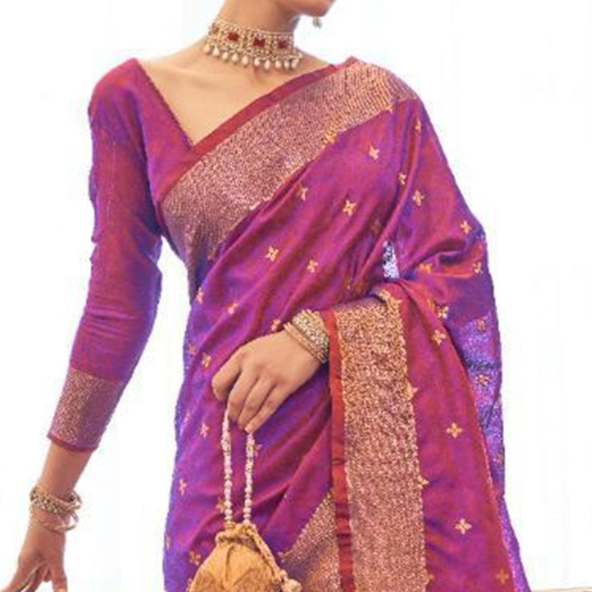 Energetic Purple Colored Festive Wear Woven Pure Kanjivaram Silk Saree - Peachmode