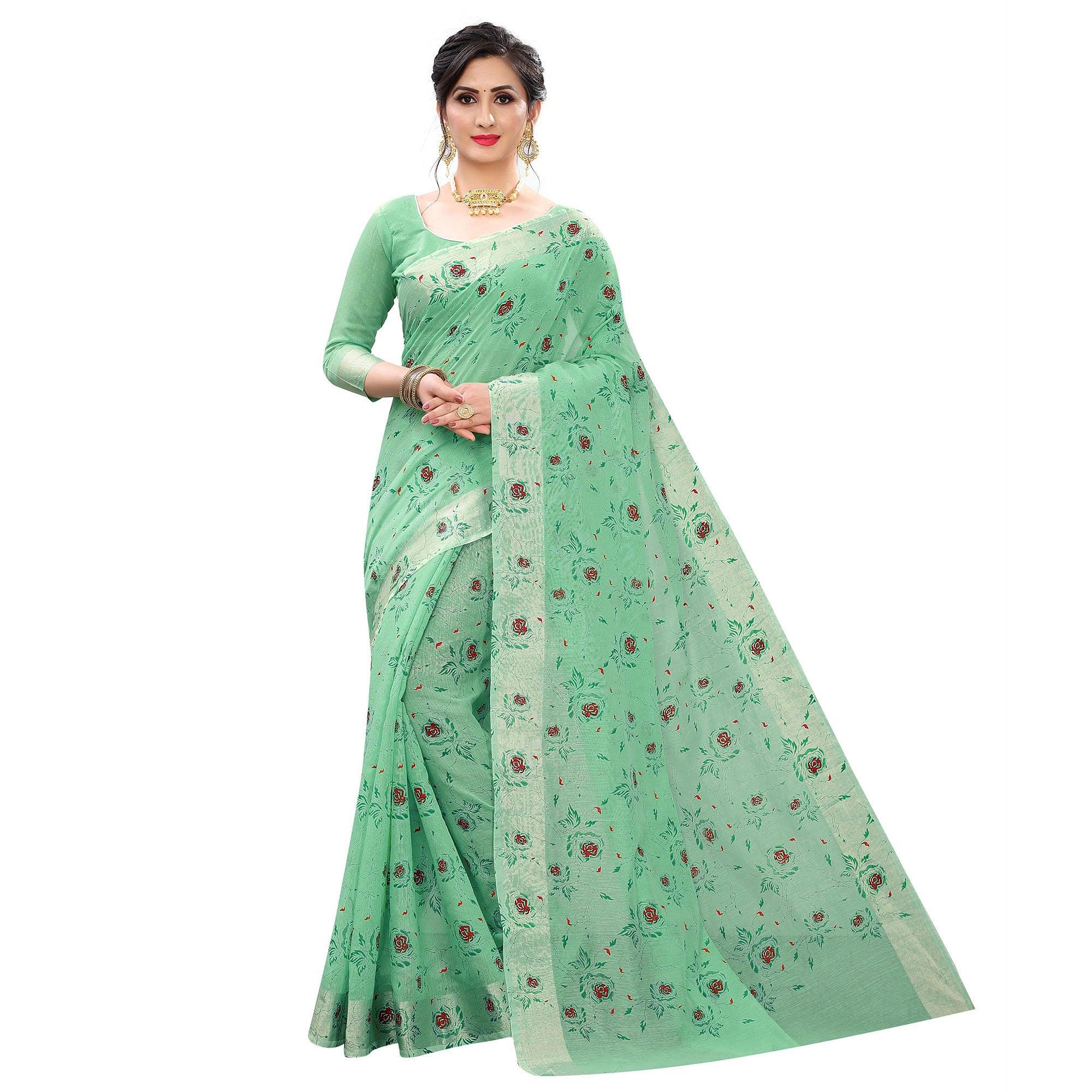 Energetic Rama Colored Casual Wear Printed Cotton Linen Saree - Peachmode