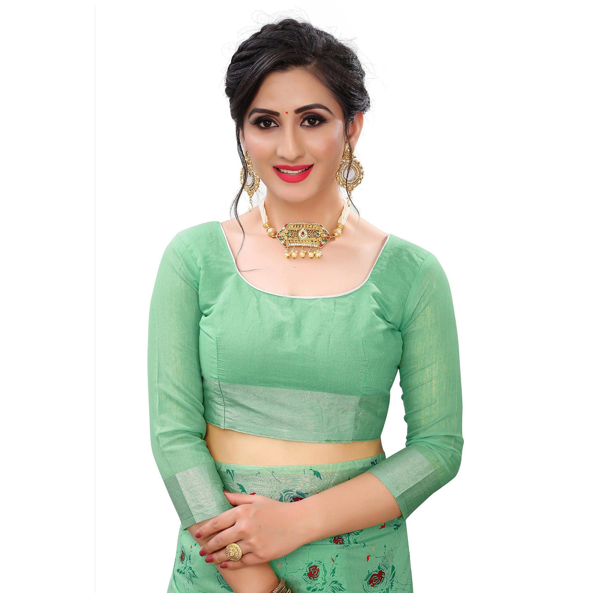 Energetic Rama Colored Casual Wear Printed Cotton Linen Saree - Peachmode