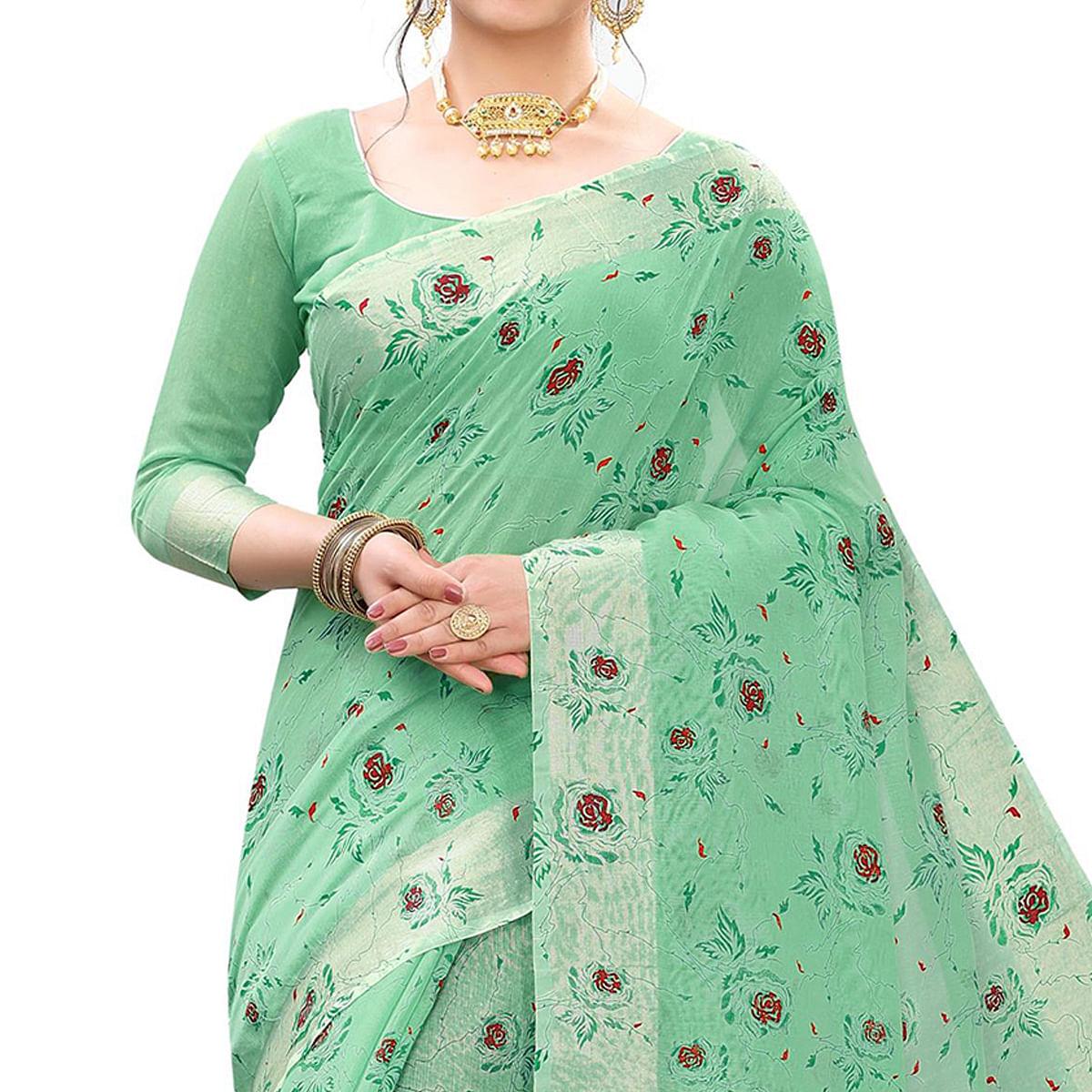 Energetic Rama Colored Casual Wear Printed Cotton Linen Saree - Peachmode