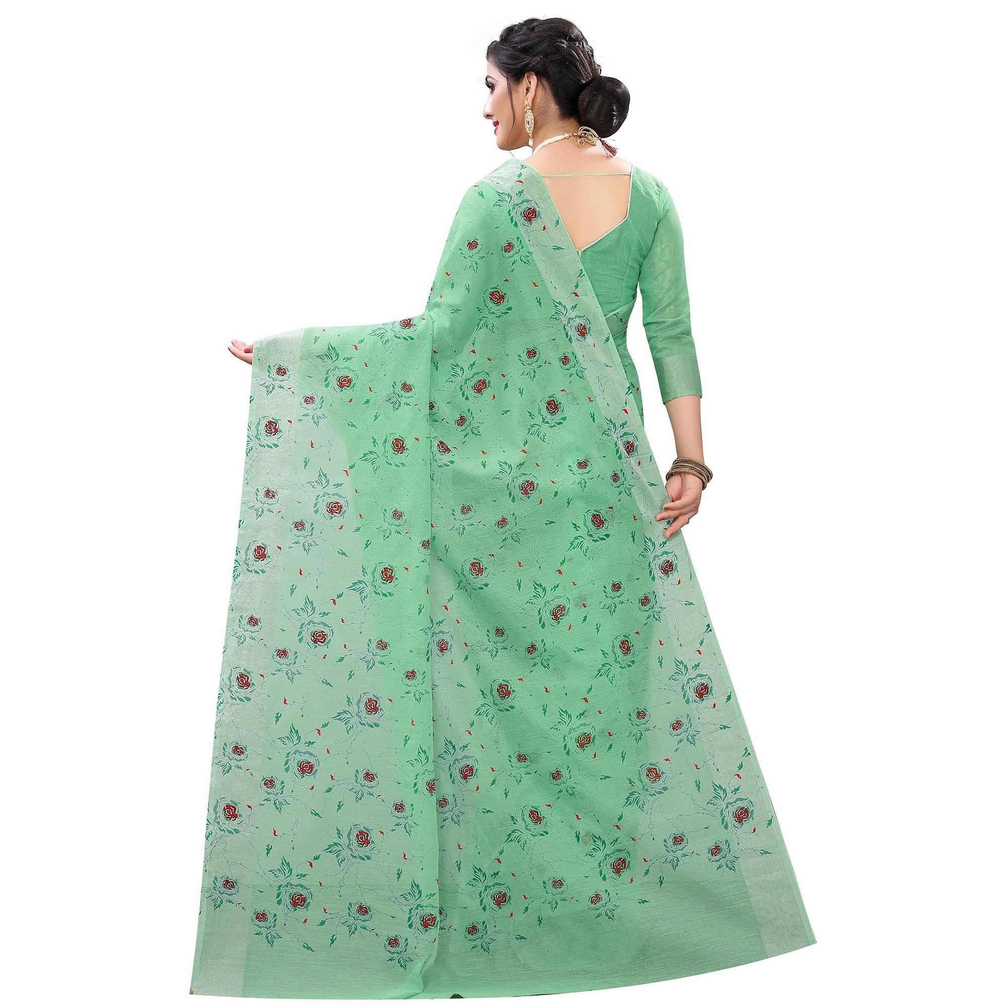 Energetic Rama Colored Casual Wear Printed Cotton Linen Saree - Peachmode
