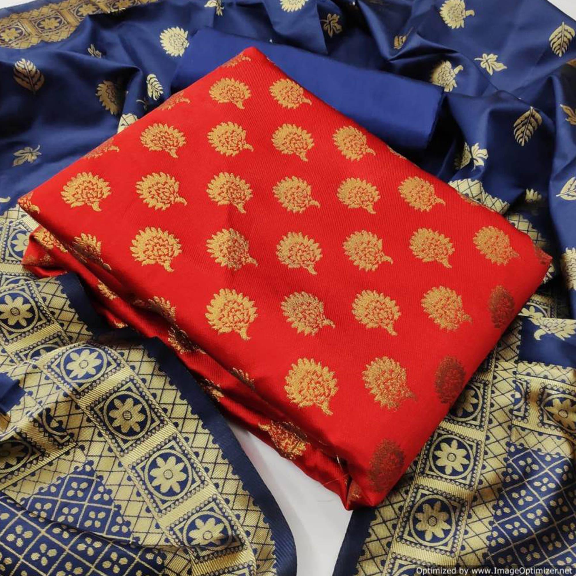 Energetic Red Colored Casual Wear Banarasi Silk Dress Material - Peachmode