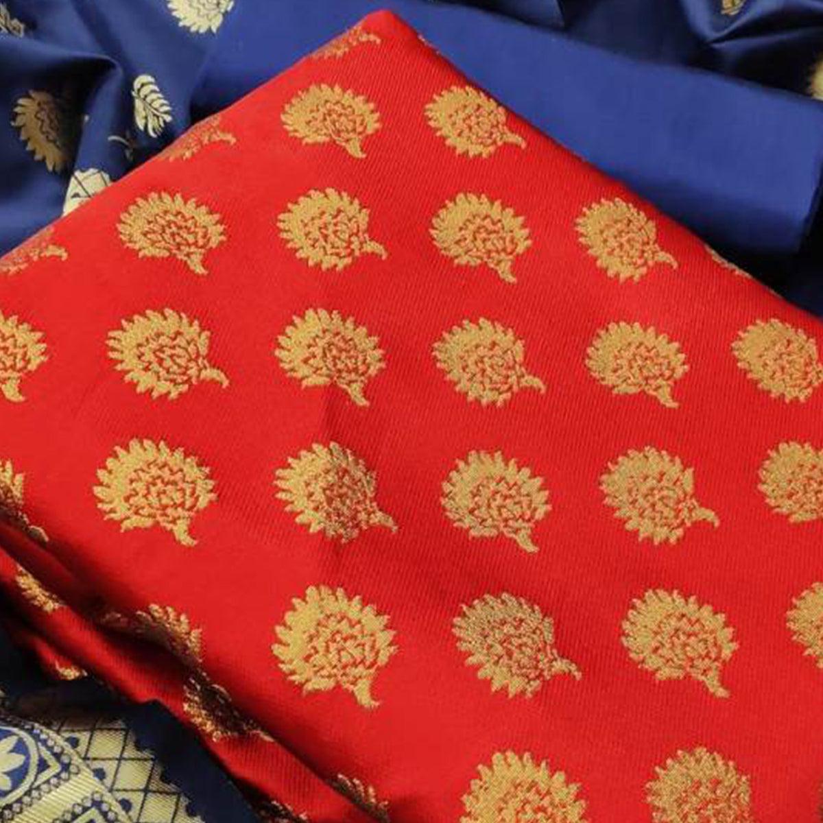 Energetic Red Colored Casual Wear Banarasi Silk Dress Material - Peachmode
