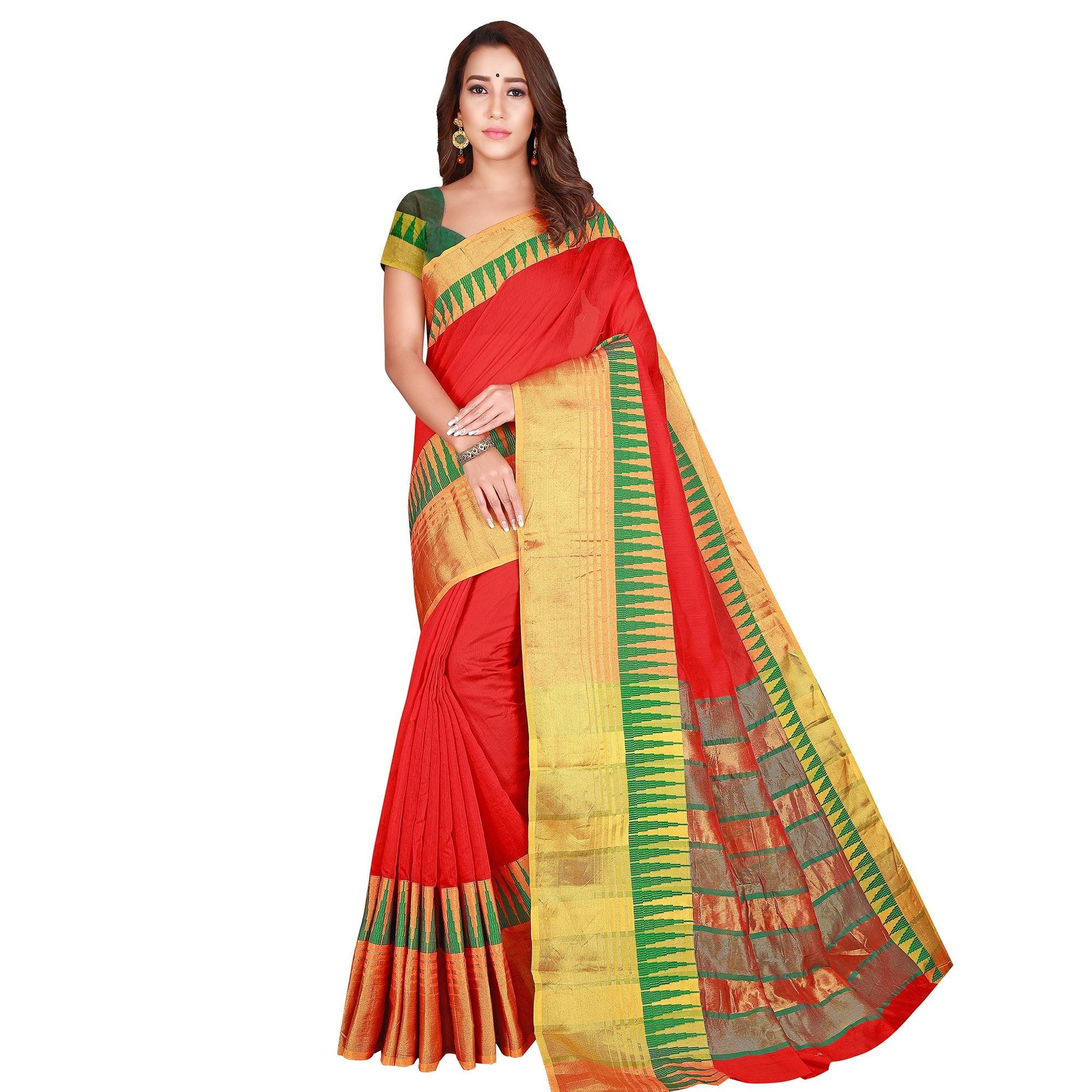 Energetic Red Colored Casual Wear Printed Cotton Handloom Saree - Peachmode