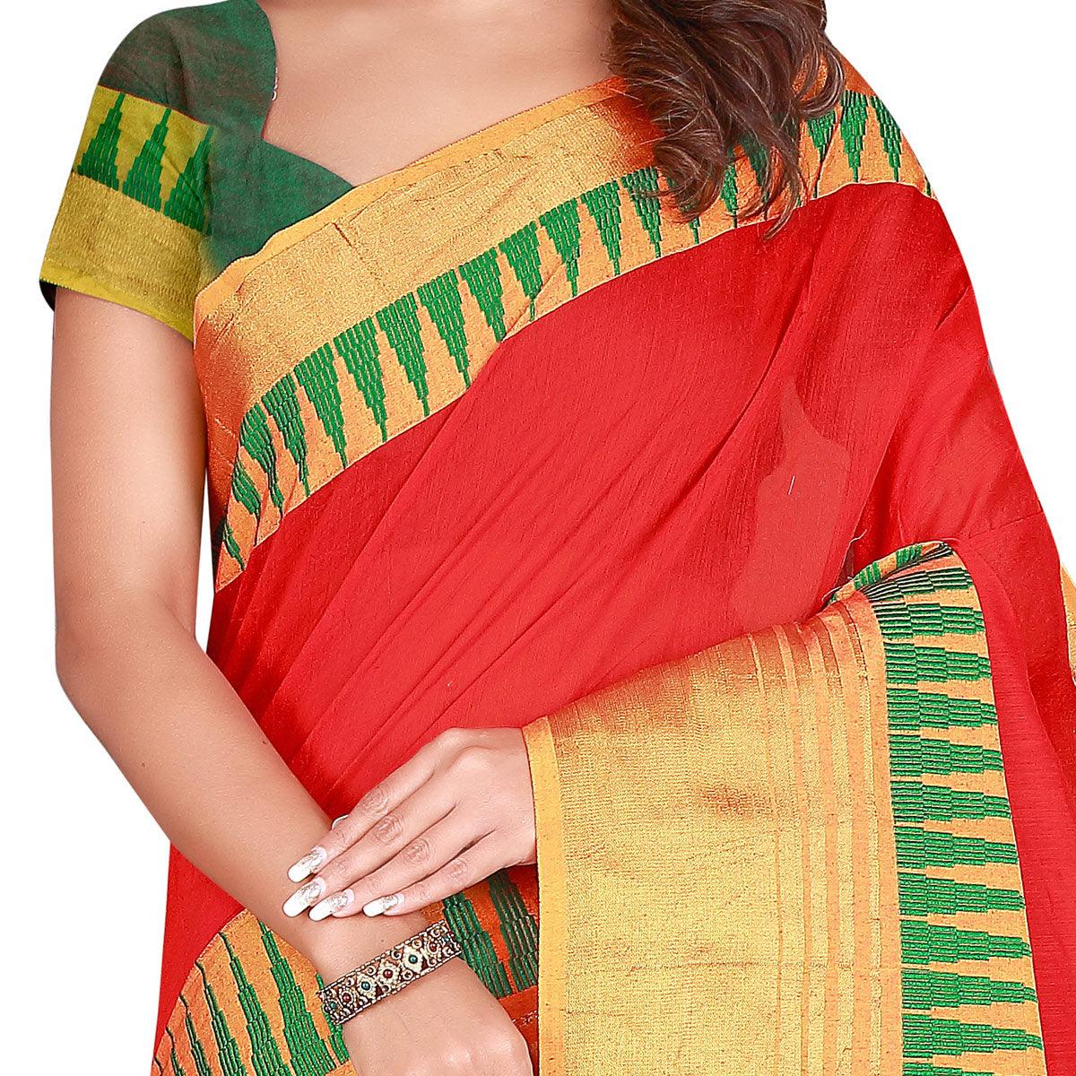 Energetic Red Colored Casual Wear Printed Cotton Handloom Saree - Peachmode