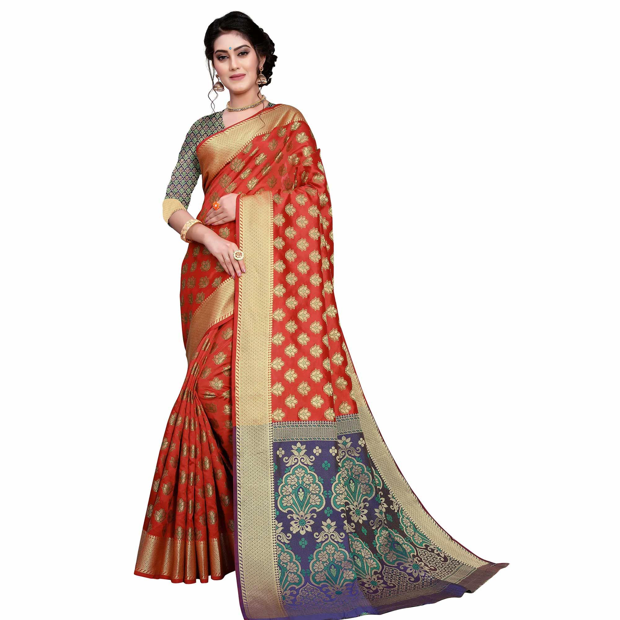 Energetic Red Colored Festive Wear Woven Art Silk Saree - Peachmode