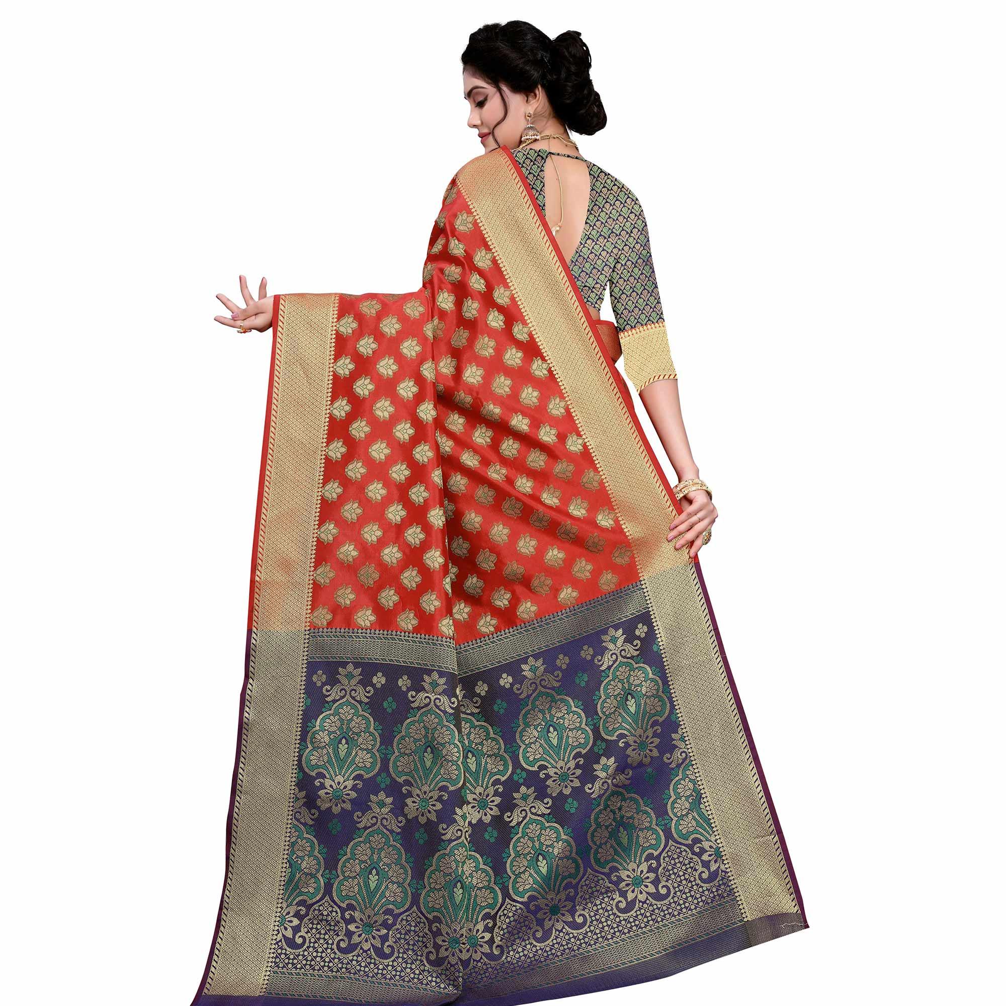 Energetic Red Colored Festive Wear Woven Art Silk Saree - Peachmode