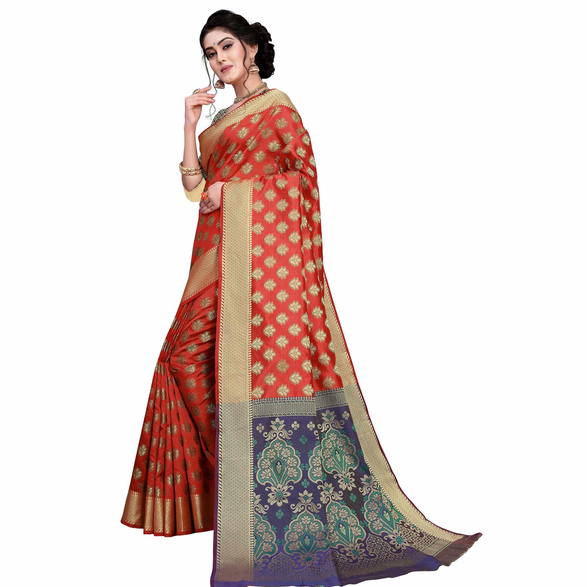 Energetic Red Colored Festive Wear Woven Art Silk Saree - Peachmode