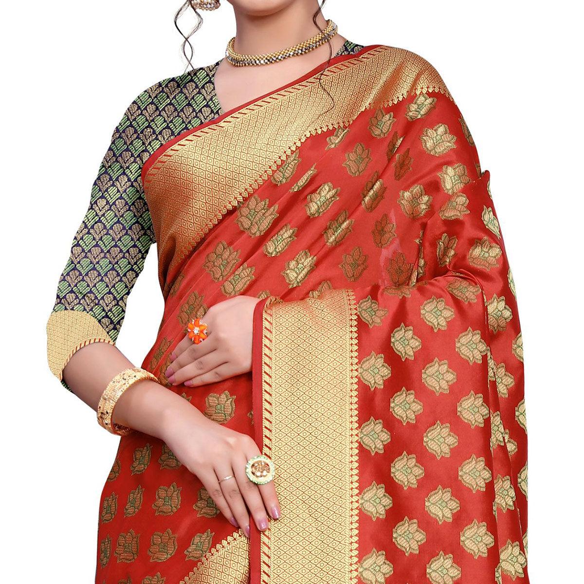 Energetic Red Colored Festive Wear Woven Art Silk Saree - Peachmode