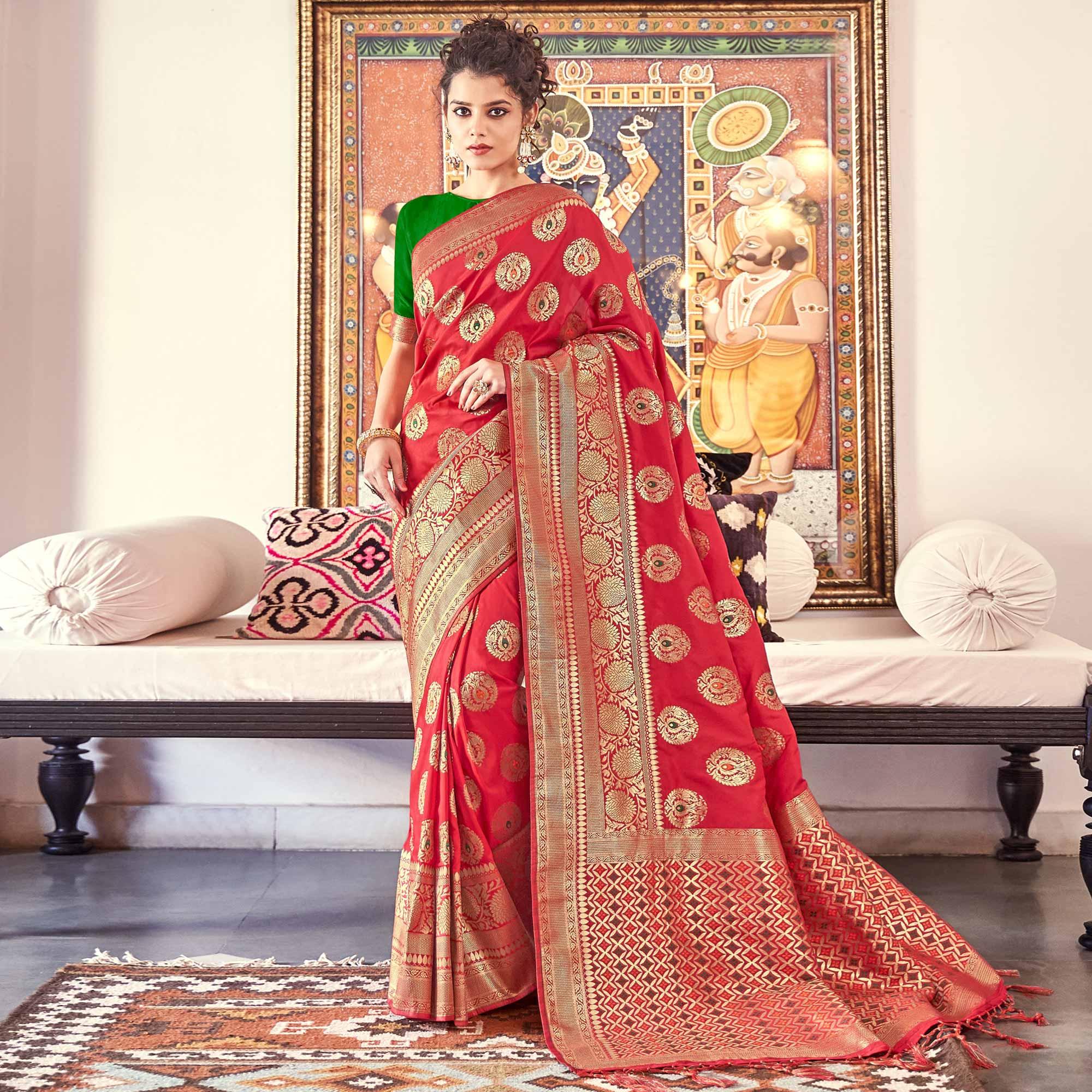 Energetic Red Colored Festive Wear Woven Banarasi Silk Saree - Peachmode