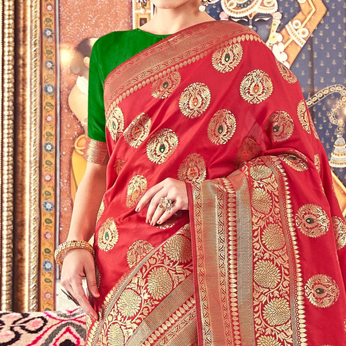 Energetic Red Colored Festive Wear Woven Banarasi Silk Saree - Peachmode