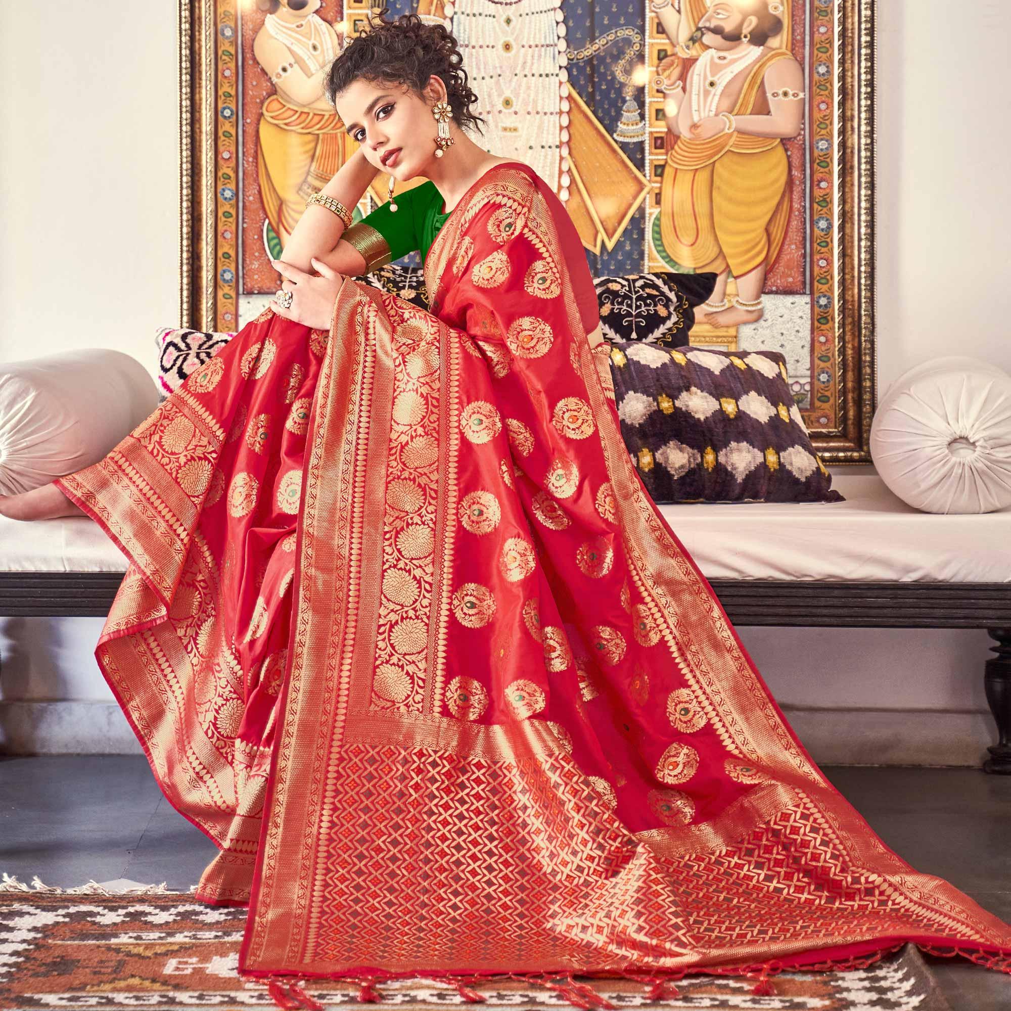 Energetic Red Colored Festive Wear Woven Banarasi Silk Saree - Peachmode