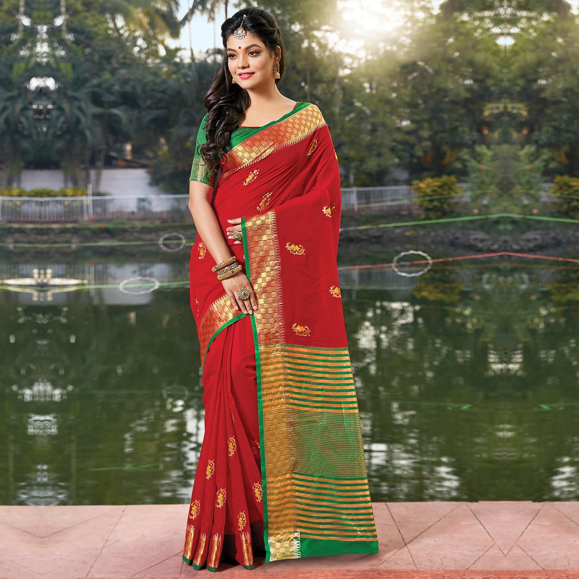 Energetic Red Colored Festive Wear Woven Cotton Silk Saree - Peachmode