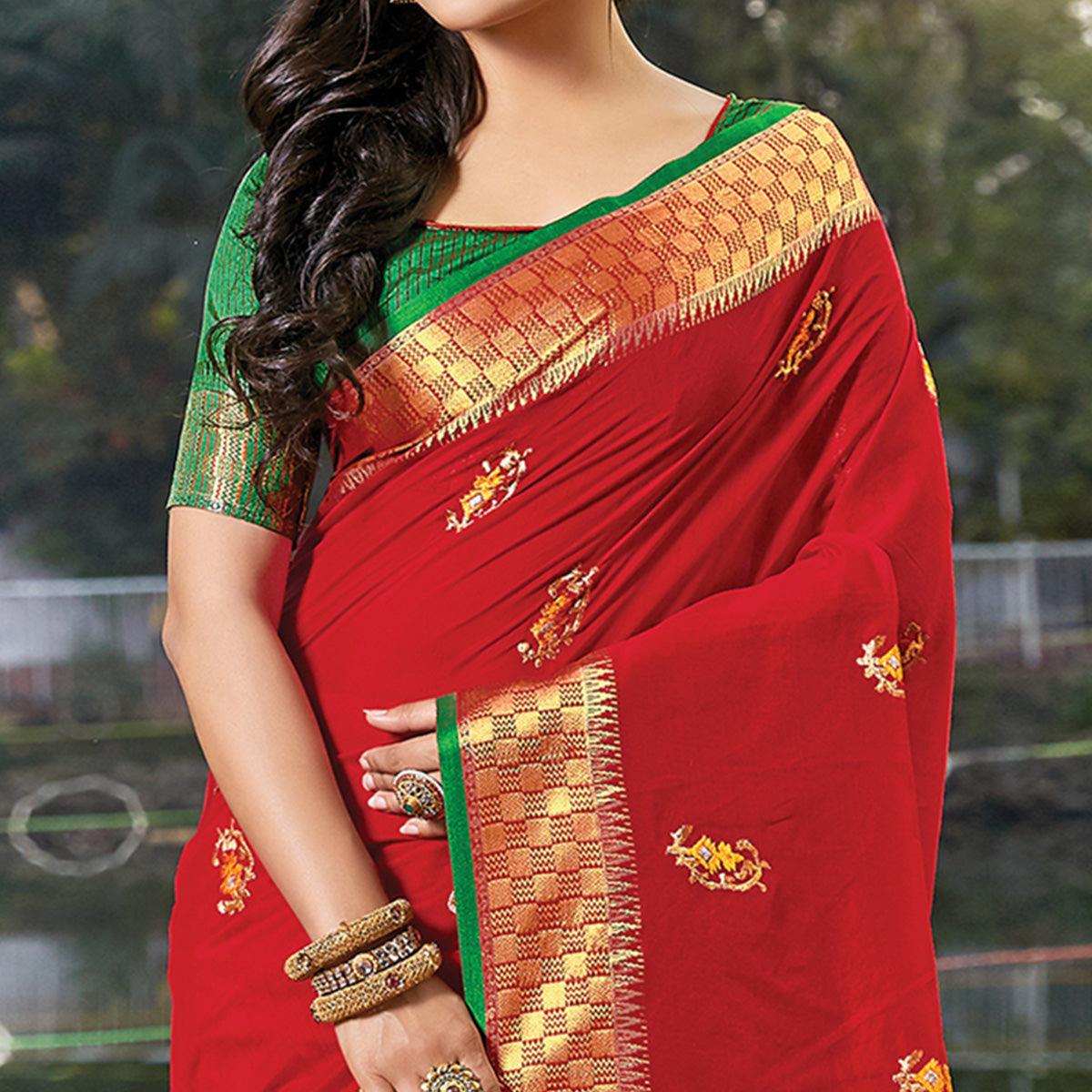 Energetic Red Colored Festive Wear Woven Cotton Silk Saree - Peachmode