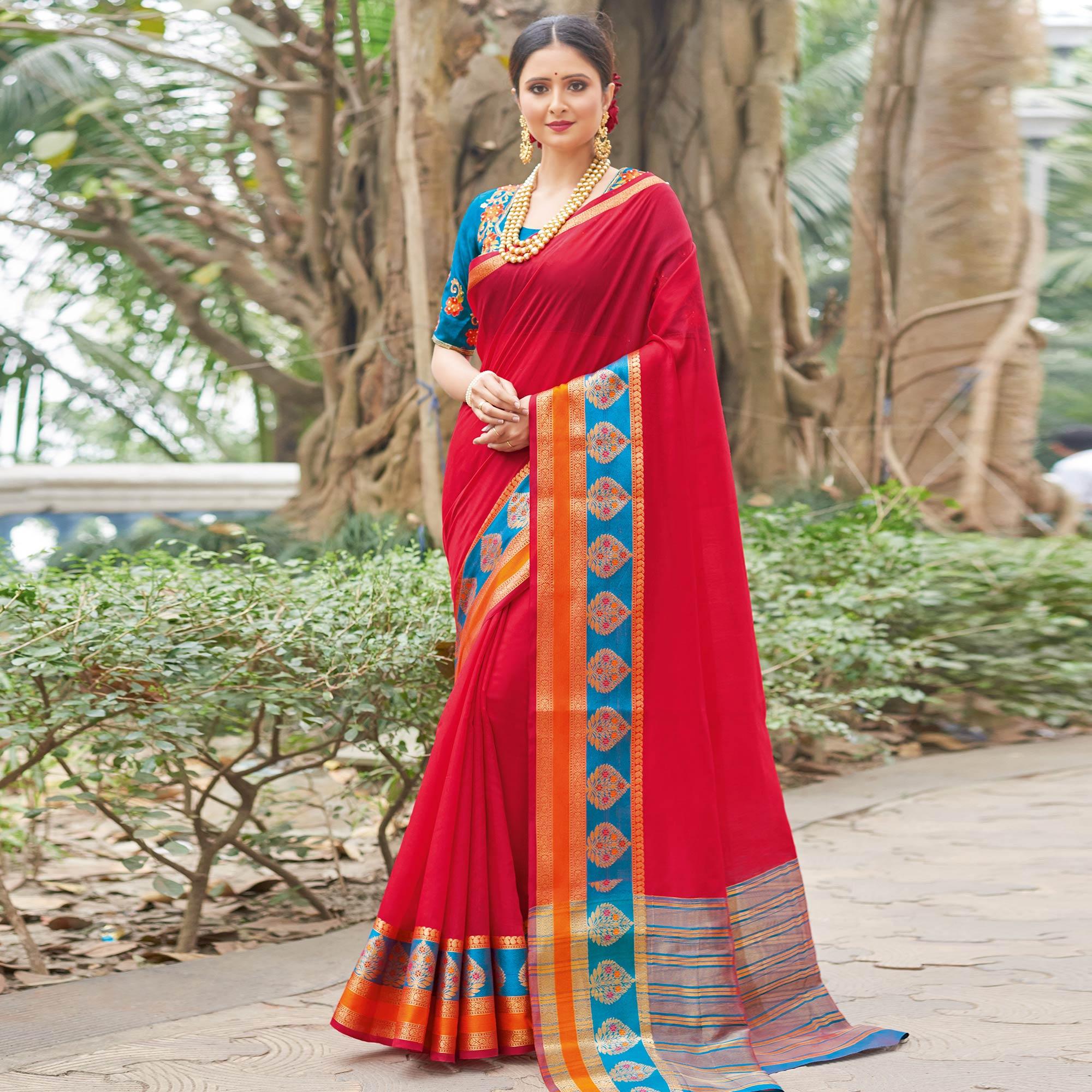 Energetic Red Colored Festive Wear Woven Handloom Silk Saree - Peachmode